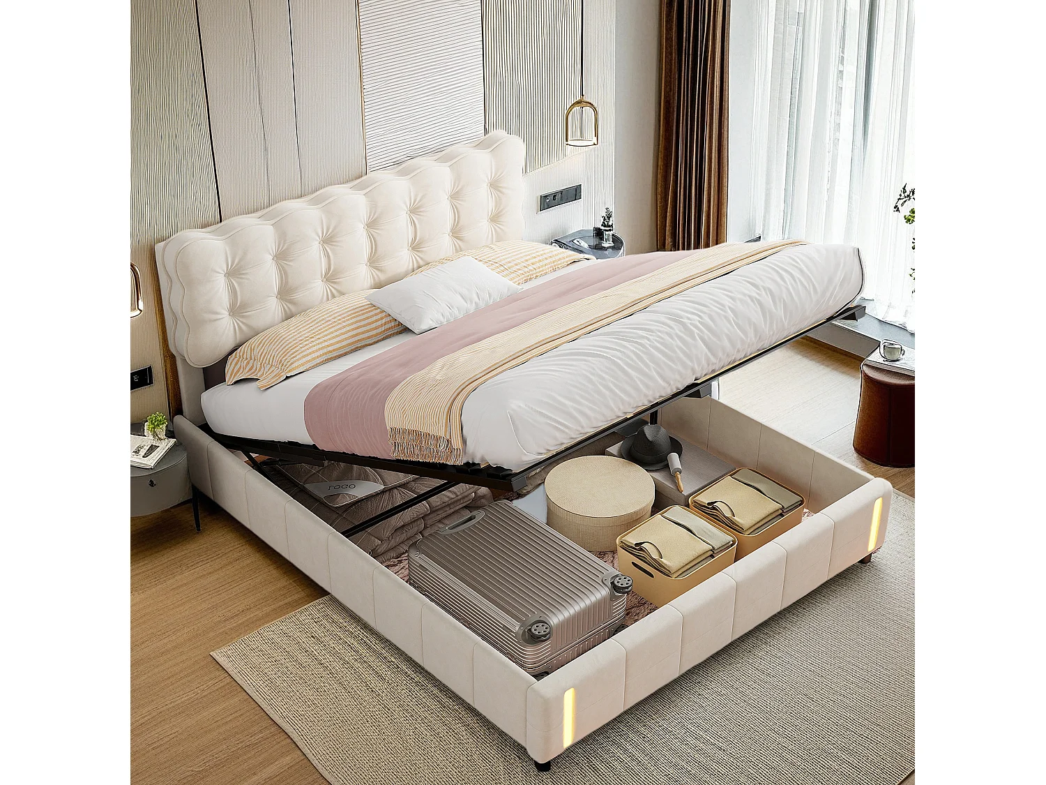 Lit coffre 140x200 avec sommier à lattes, Lit avec lumière à détection de mouvement au pied, tissu en velours, beige