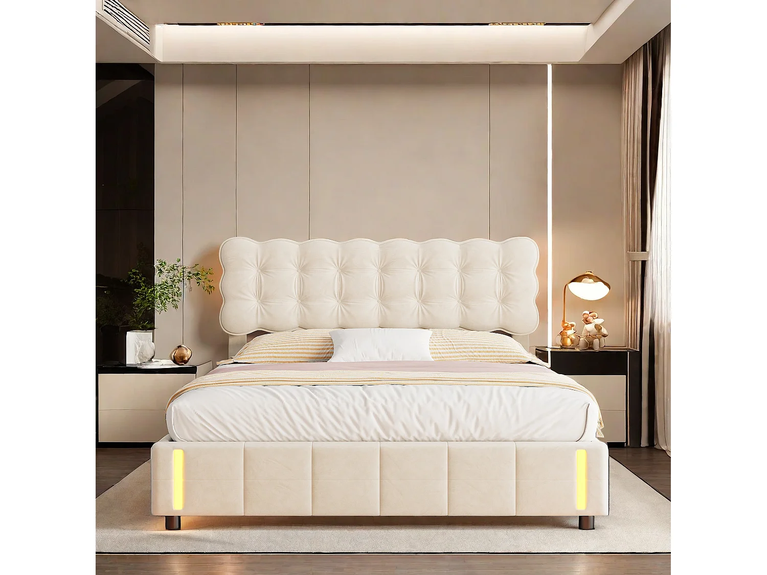 Lit coffre 140x200 avec sommier à lattes, Lit avec lumière à détection de mouvement au pied, tissu en velours, beige