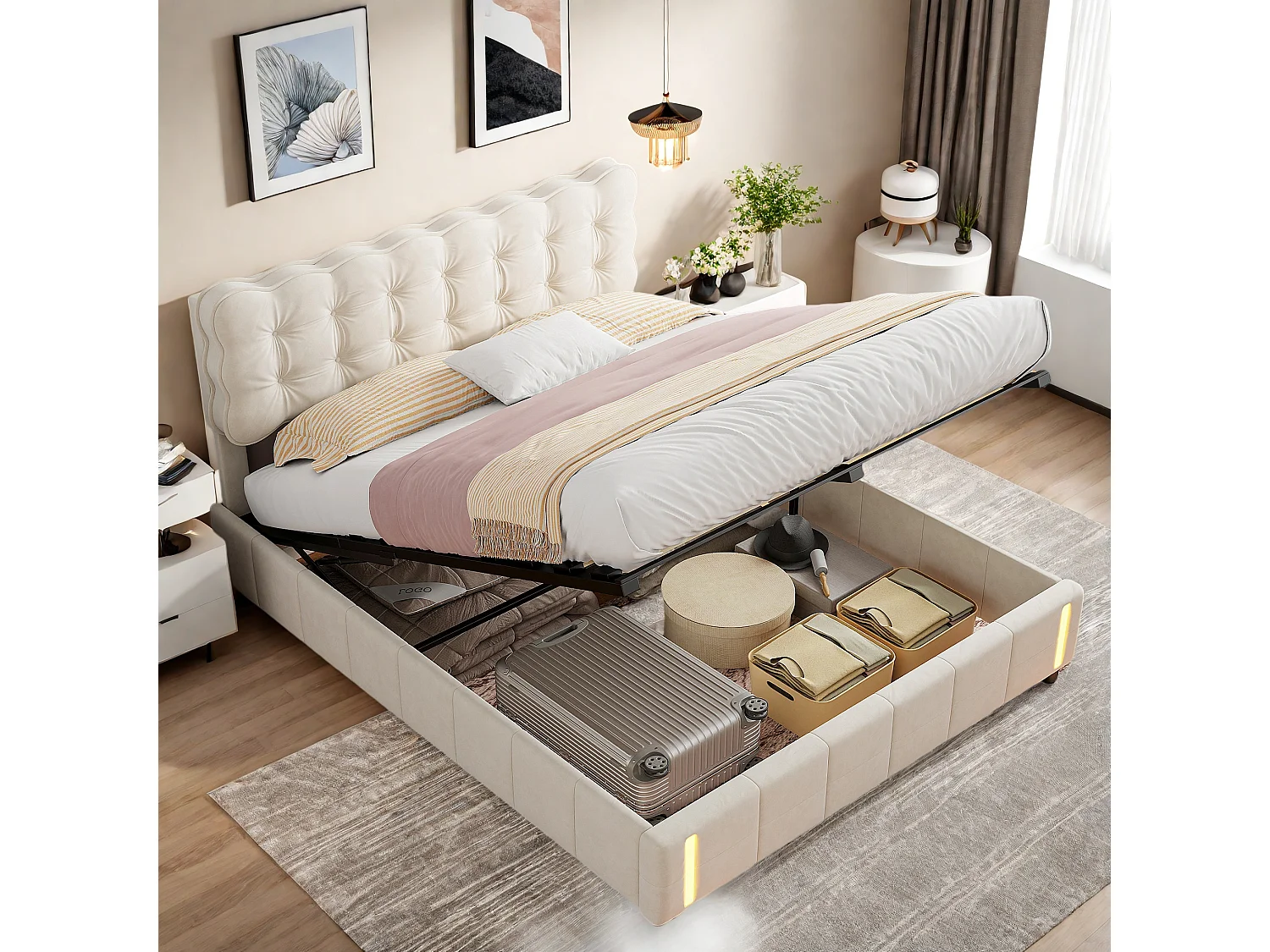 Lit coffre 140x200 avec sommier à lattes, Lit avec lumière à détection de mouvement au pied, tissu en velours, beige