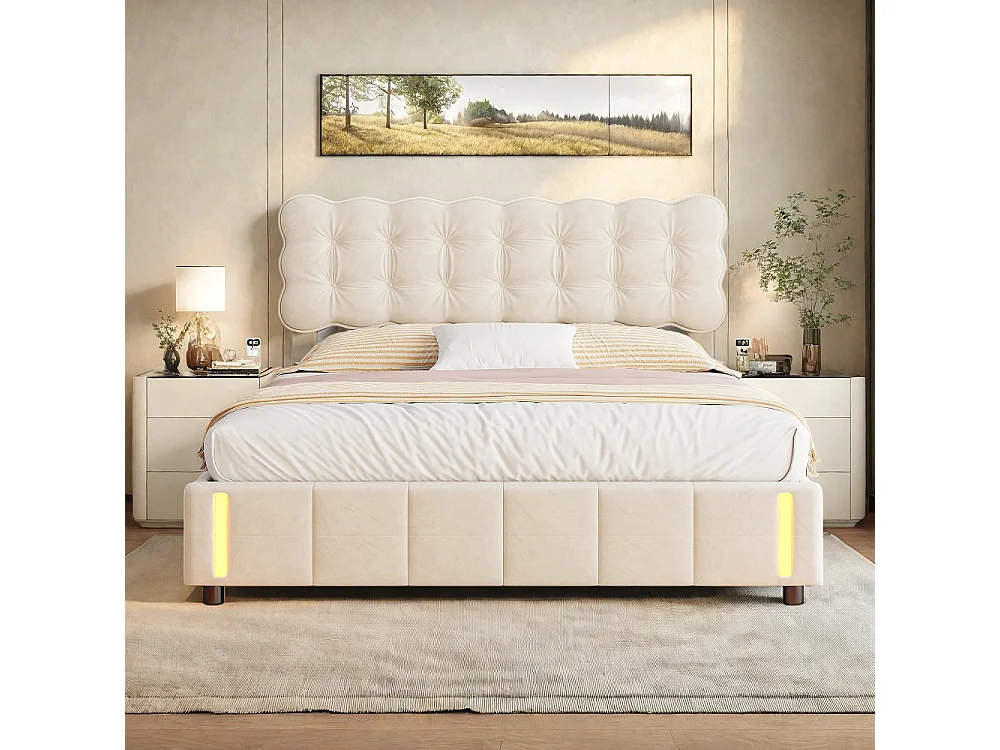 Łóżko z pojemnikiem dla dorosłych 140x200 cm kremowy biały aksamit z przechowywaniem, podnoszeniem hydraulicznym i wbudowanym oświetleniem LED