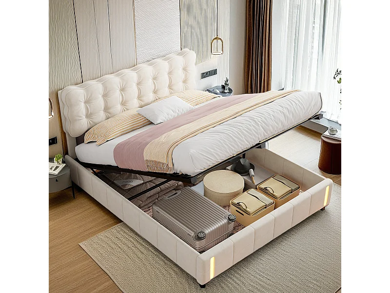 Lit coffre 140x200 avec sommier à lattes, Lit avec lumière à détection de mouvement au pied, tissu en velours, beige