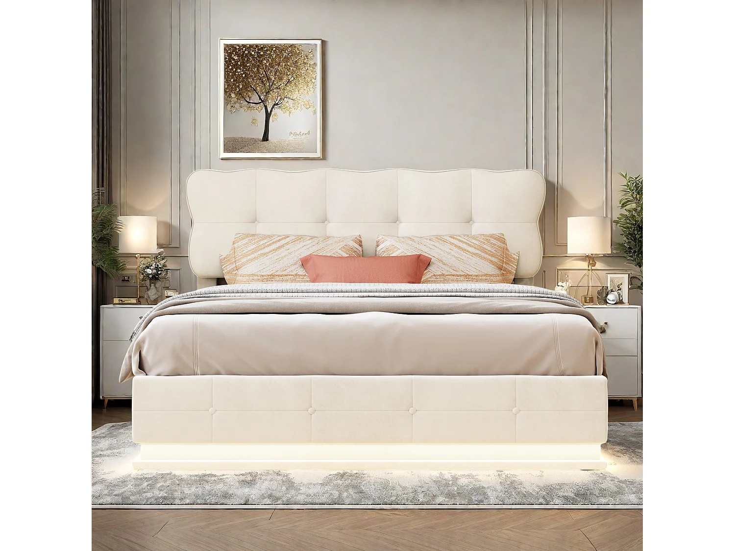 Łóżko z pojemnikiem 160x200 cm dla dorosłych w beżowym welurze z regulowanym oświetleniem LED, stelażem i dużą przestrzenią do przechowywania