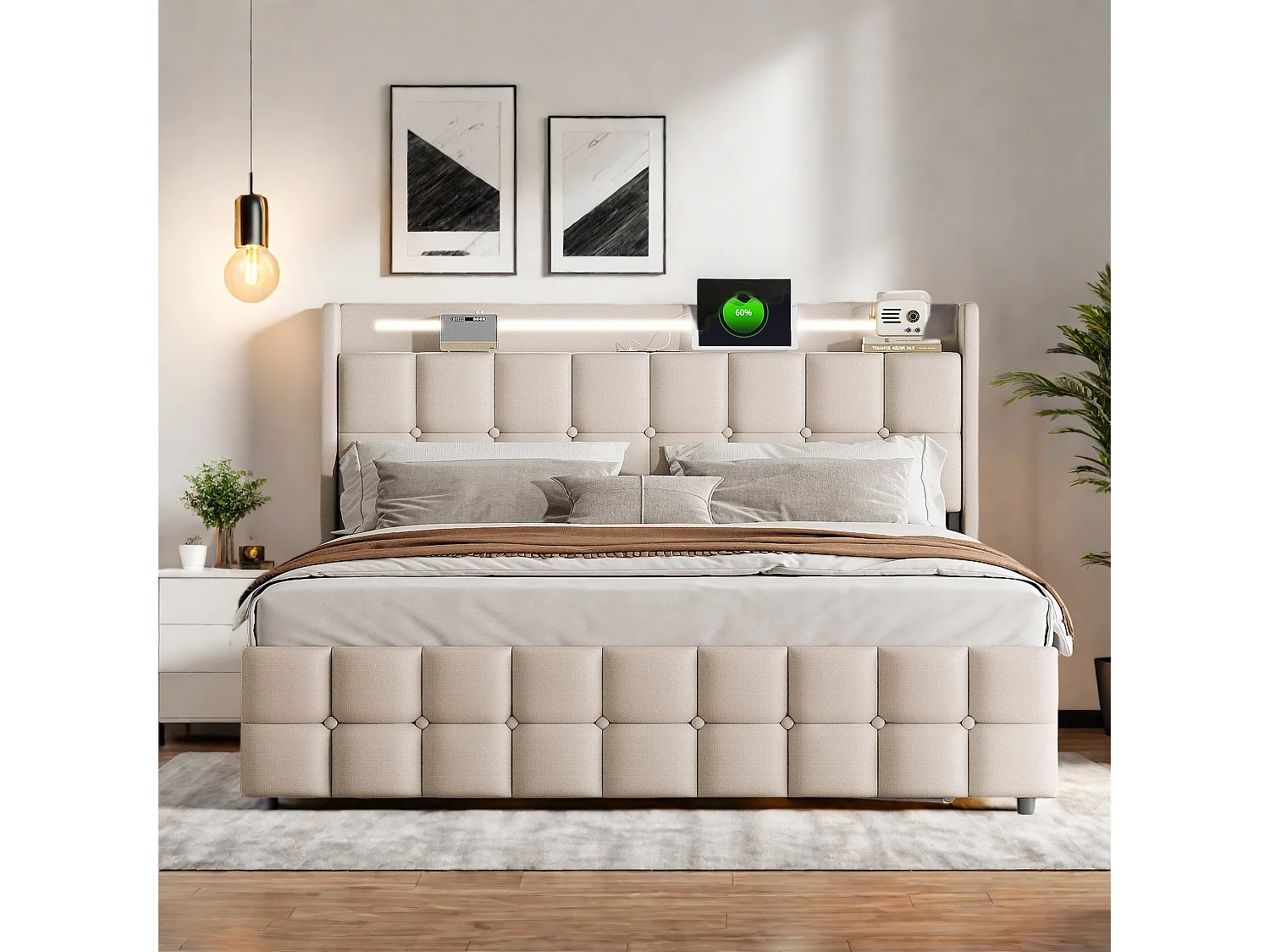 Lit double 140 x 200 cm avec USB  + éclairage LED + 4 tiroirs - beige
