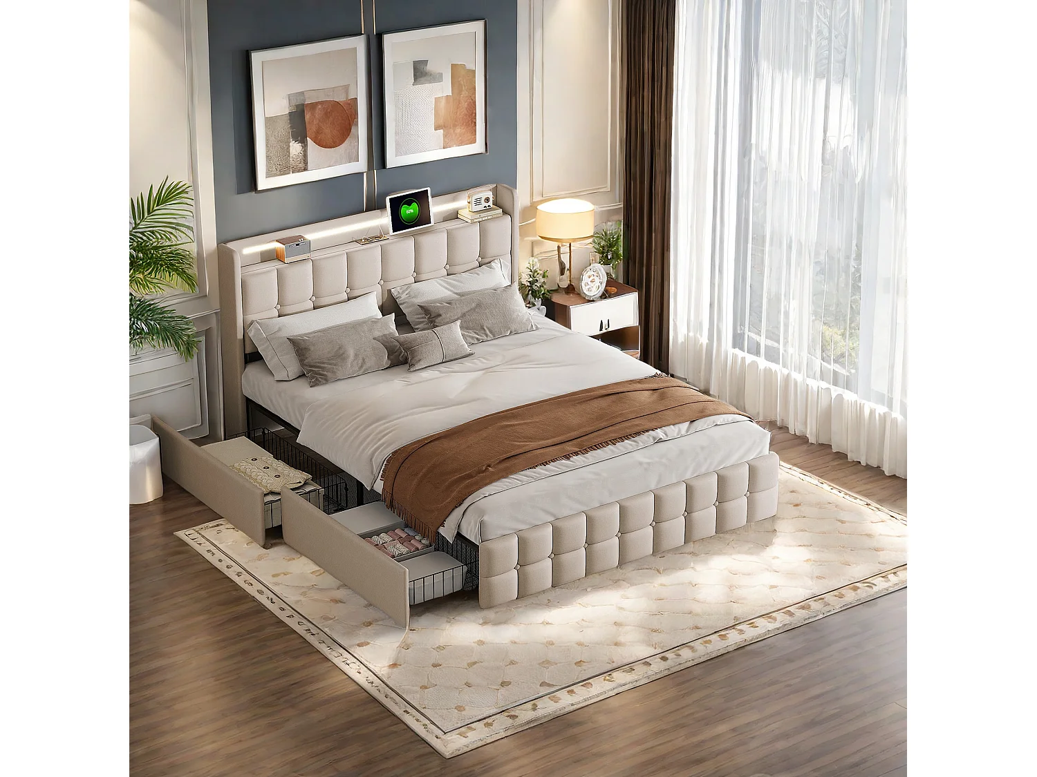 Lit double 140 x 200 cm avec USB  + éclairage LED + 4 tiroirs - beige