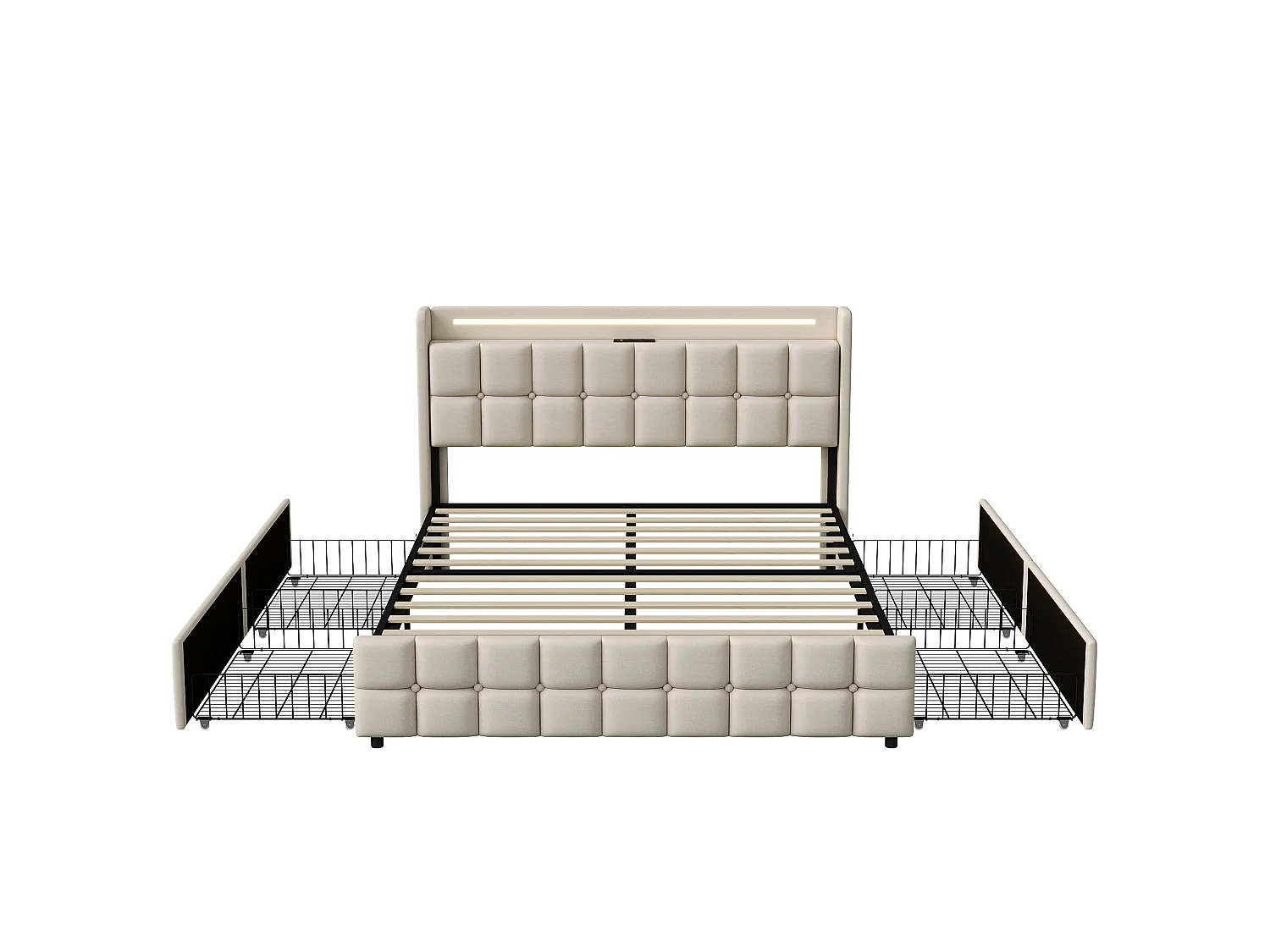 Lit double 140 x 200 cm avec USB  + éclairage LED + 4 tiroirs - beige