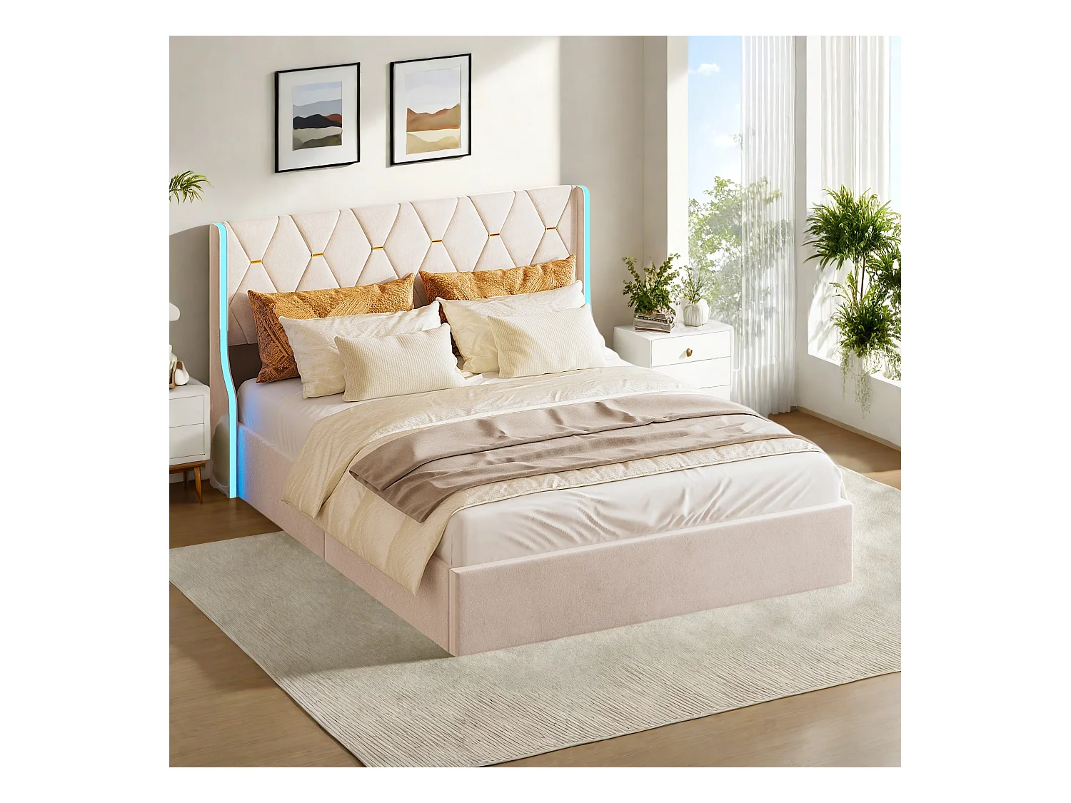 Lit Coffre 160x200 cm avec Sommier à lattes en Velours, Lit 160x200 cm avec LED, Coffre de rangement, Lit Adulte, Beige