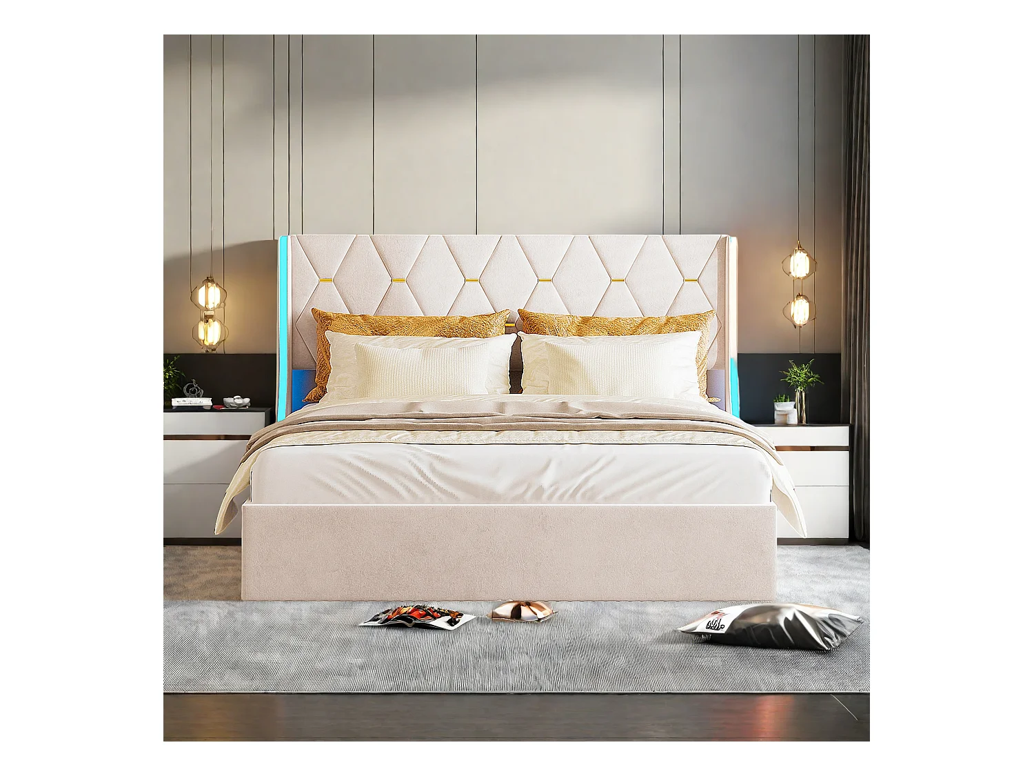 Lit Coffre 160x200 cm avec Sommier à lattes en Velours, Lit 160x200 cm avec LED, Coffre de rangement, Lit Adulte, Beige