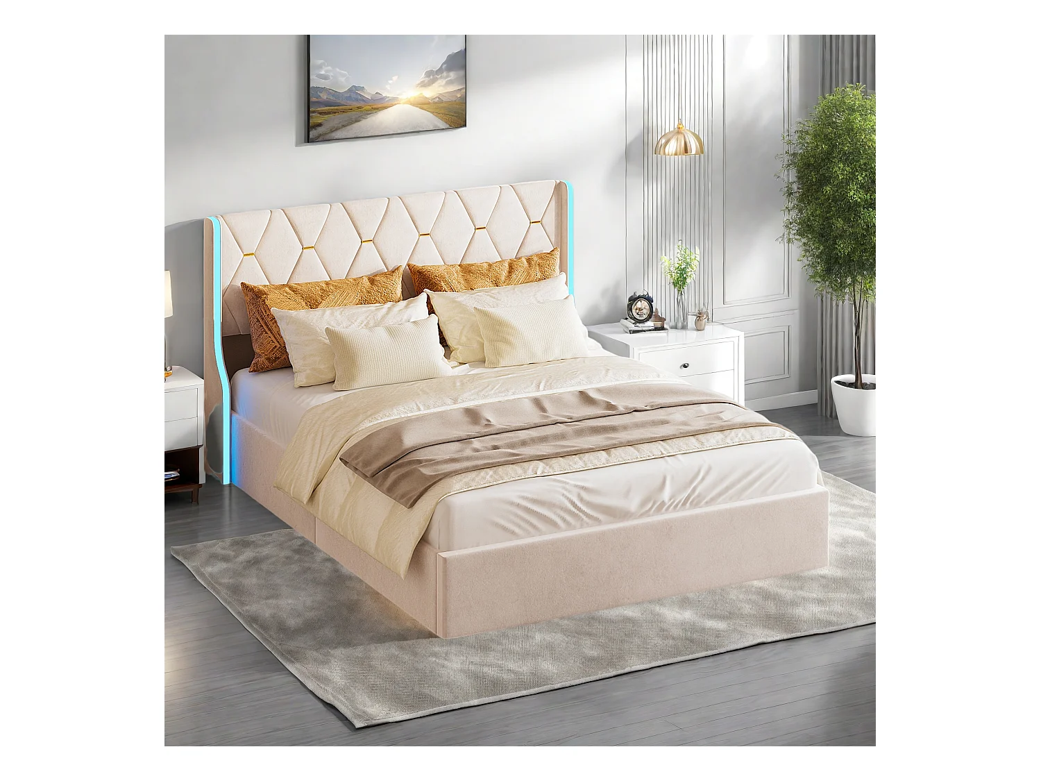 Lit Coffre 160x200 cm avec Sommier à lattes en Velours, Lit 160x200 cm avec LED, Coffre de rangement, Lit Adulte, Beige