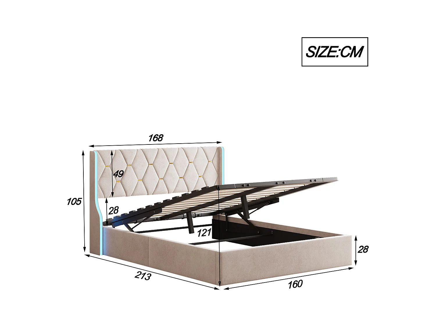 Lit Coffre 160x200 cm avec Sommier à lattes en Velours, Lit 160x200 cm avec LED, Coffre de rangement, Lit Adulte, Beige