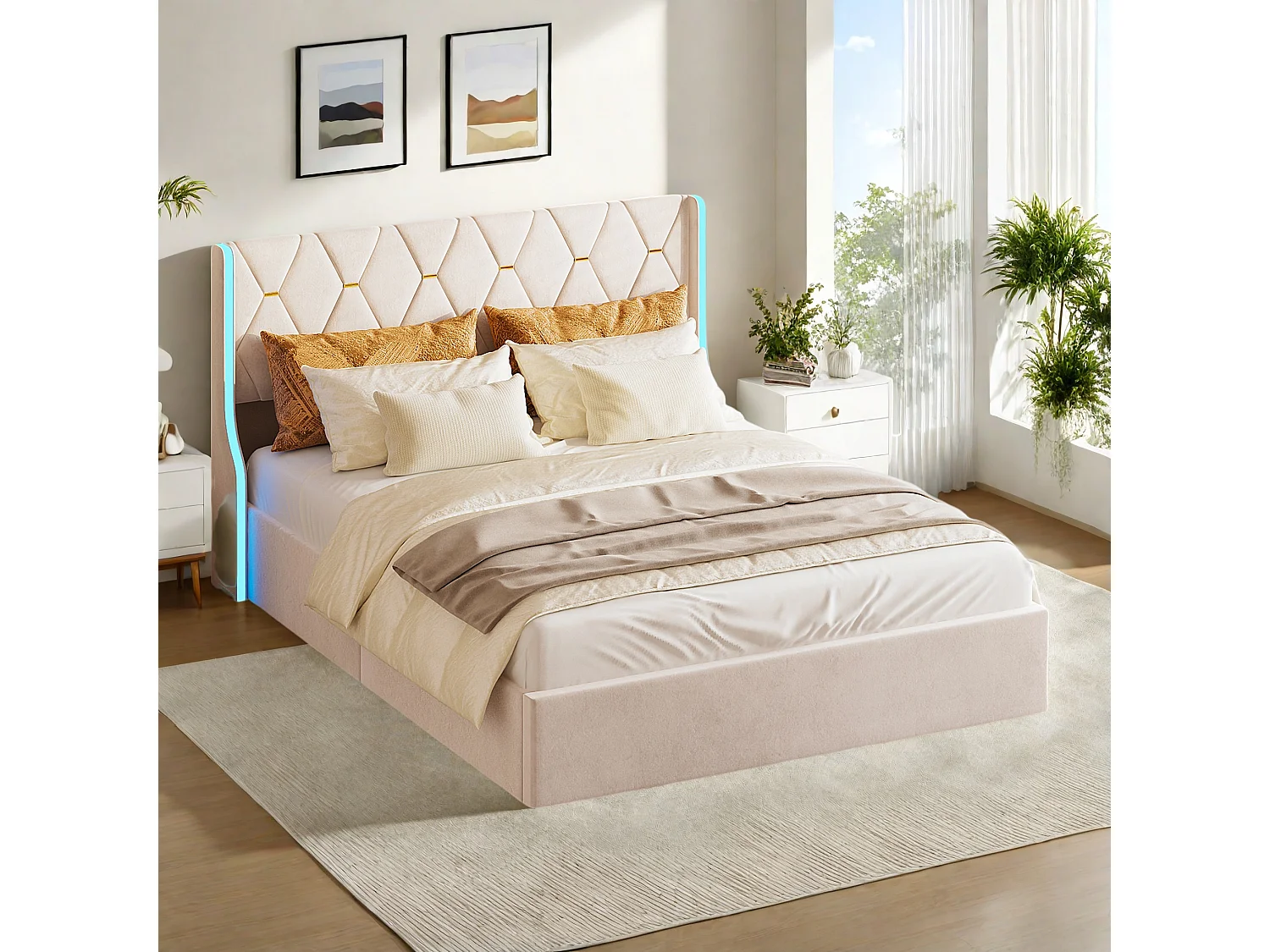 Lit Coffre 160x200 cm avec Sommier à lattes en Velours, Lit 160x200 cm avec LED, Coffre de rangement, Lit Adulte, Beige