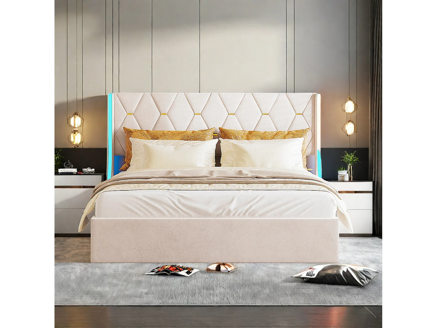 Lit Coffre 160x200 cm avec Sommier à lattes en Velours, Lit 160x200 cm avec LED, Coffre de rangement, Lit Adulte, Beige