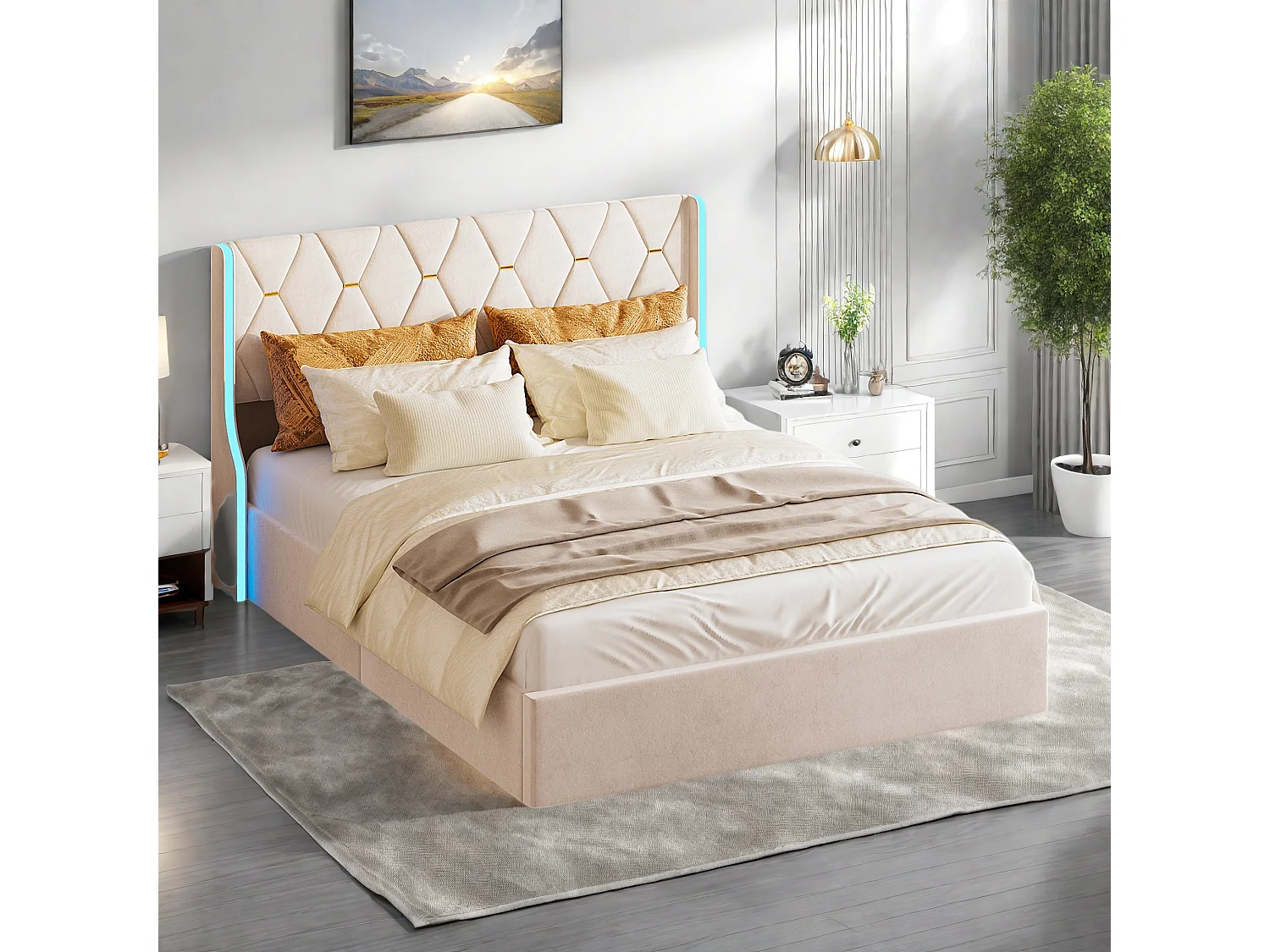 Lit Coffre 160x200 cm avec Sommier à lattes en Velours, Lit 160x200 cm avec LED, Coffre de rangement, Lit Adulte, Beige