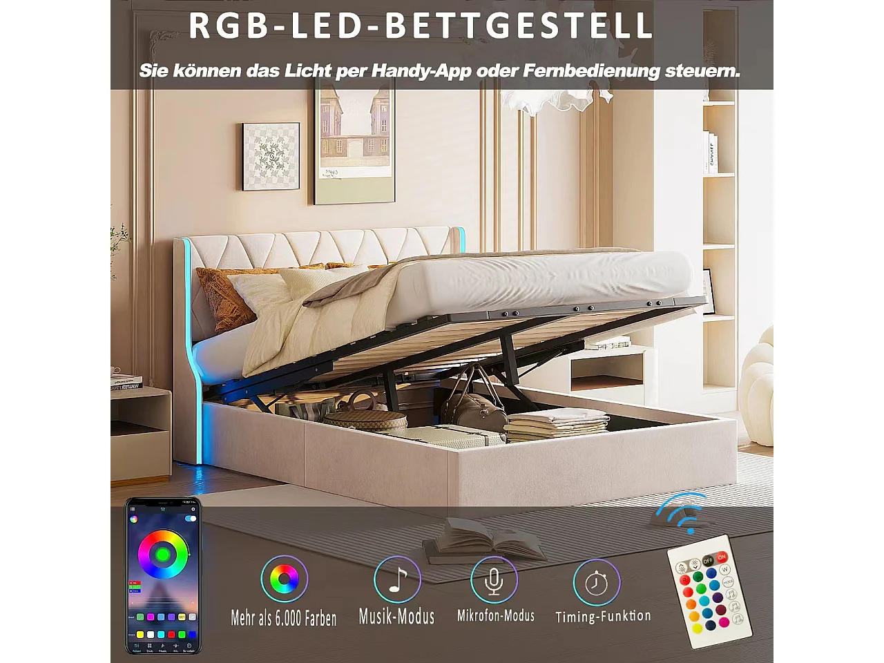 Lit Coffre 160x200 cm avec Sommier à lattes en Velours, Lit 160x200 cm avec LED, Coffre de rangement, Lit Adulte, Beige