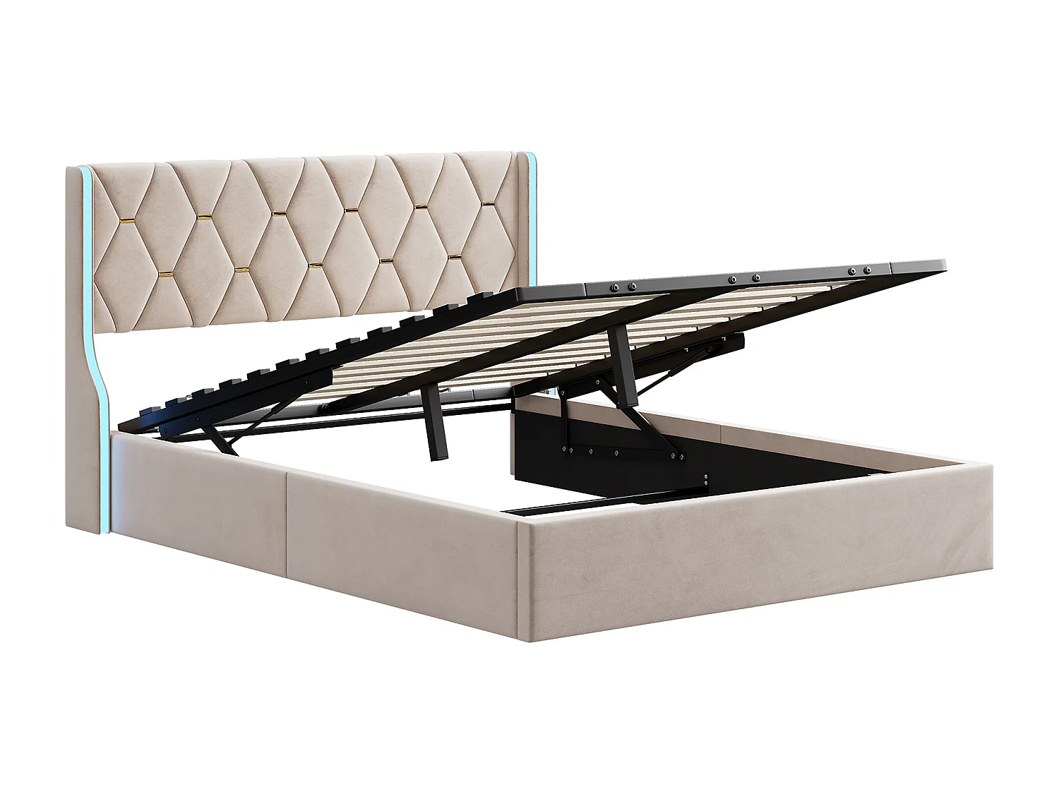 Lit Coffre 160x200 cm avec Sommier à lattes en Velours, Lit 160x200 cm avec LED, Coffre de rangement, Lit Adulte, Beige