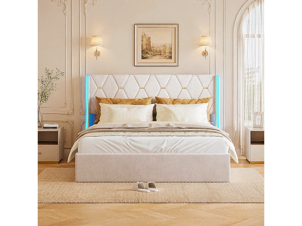 Lit Coffre 160x200 cm avec Sommier à lattes en Velours, Lit 160x200 cm avec LED, Coffre de rangement, Lit Adulte, Beige
