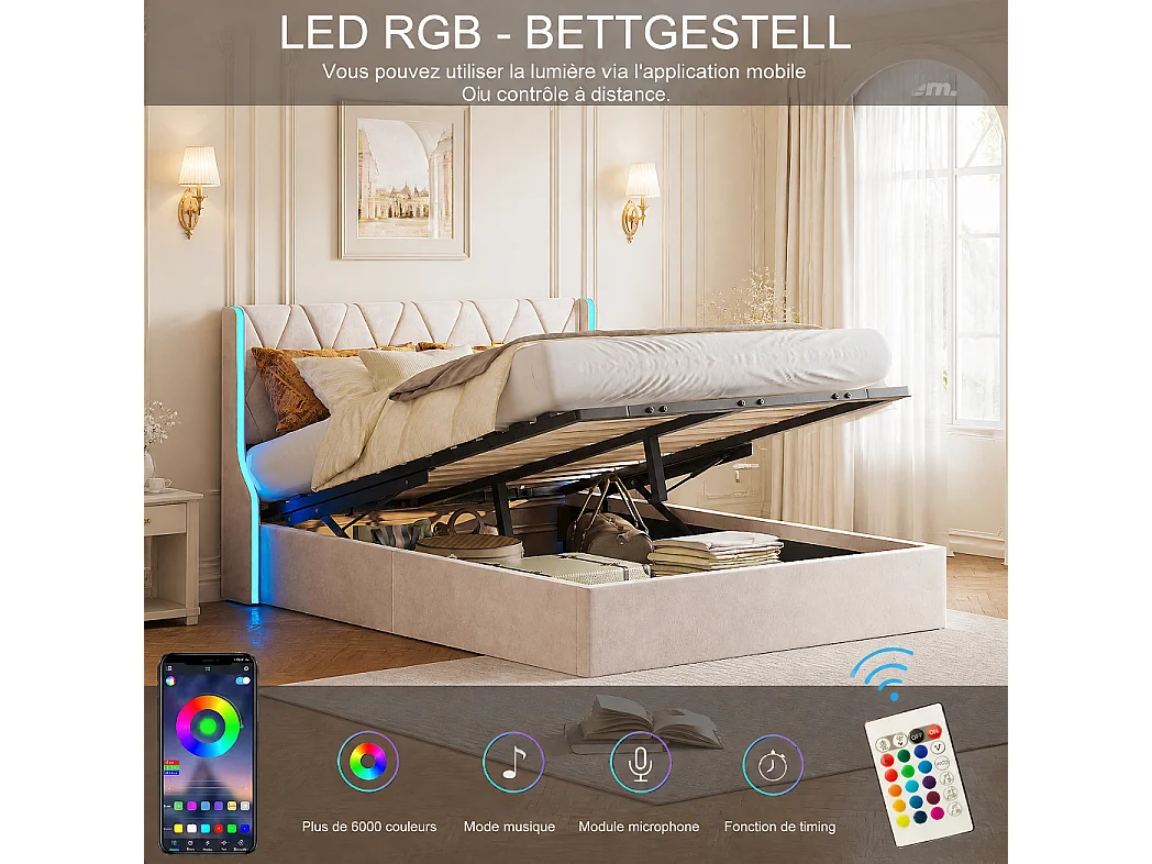 Lit Coffre 160x200 cm avec Sommier à lattes en Velours, Lit 160x200 cm avec LED, Coffre de rangement, Lit Adulte, Beige