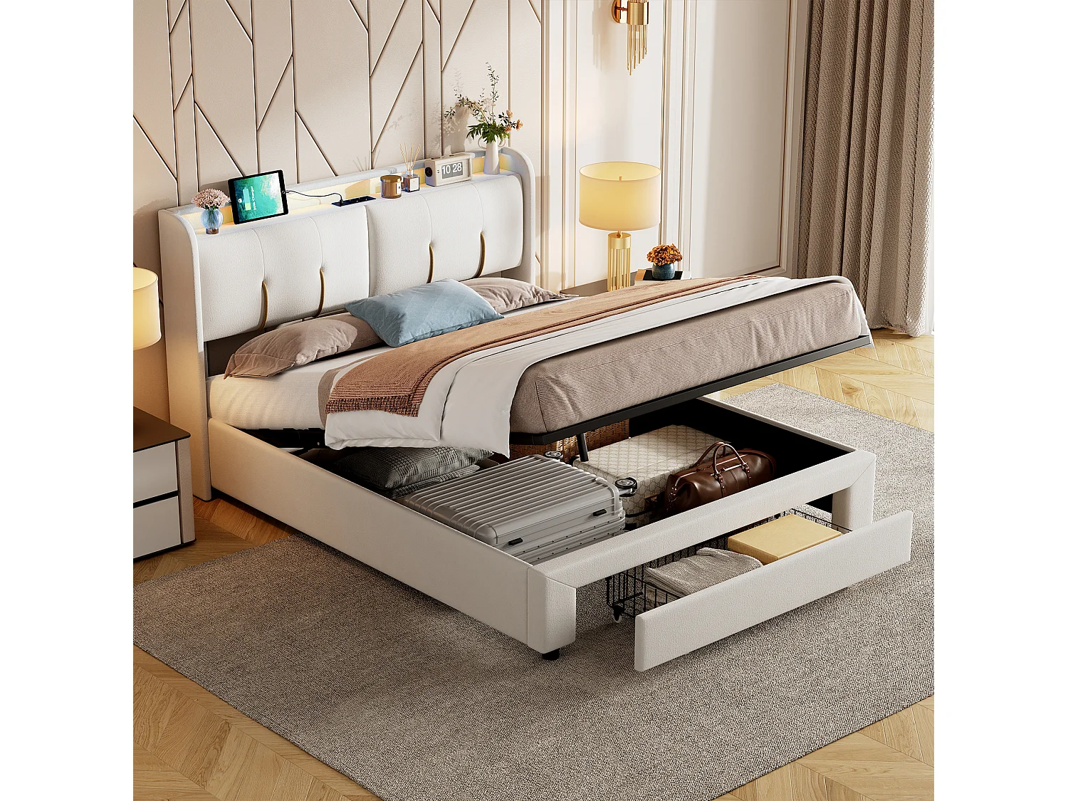 Lit hydraulique avec rangement et lumineuse LED et tiroir, Lit Adulte 160x200 cm en Velours, Lit Coffre Sommier Inclus