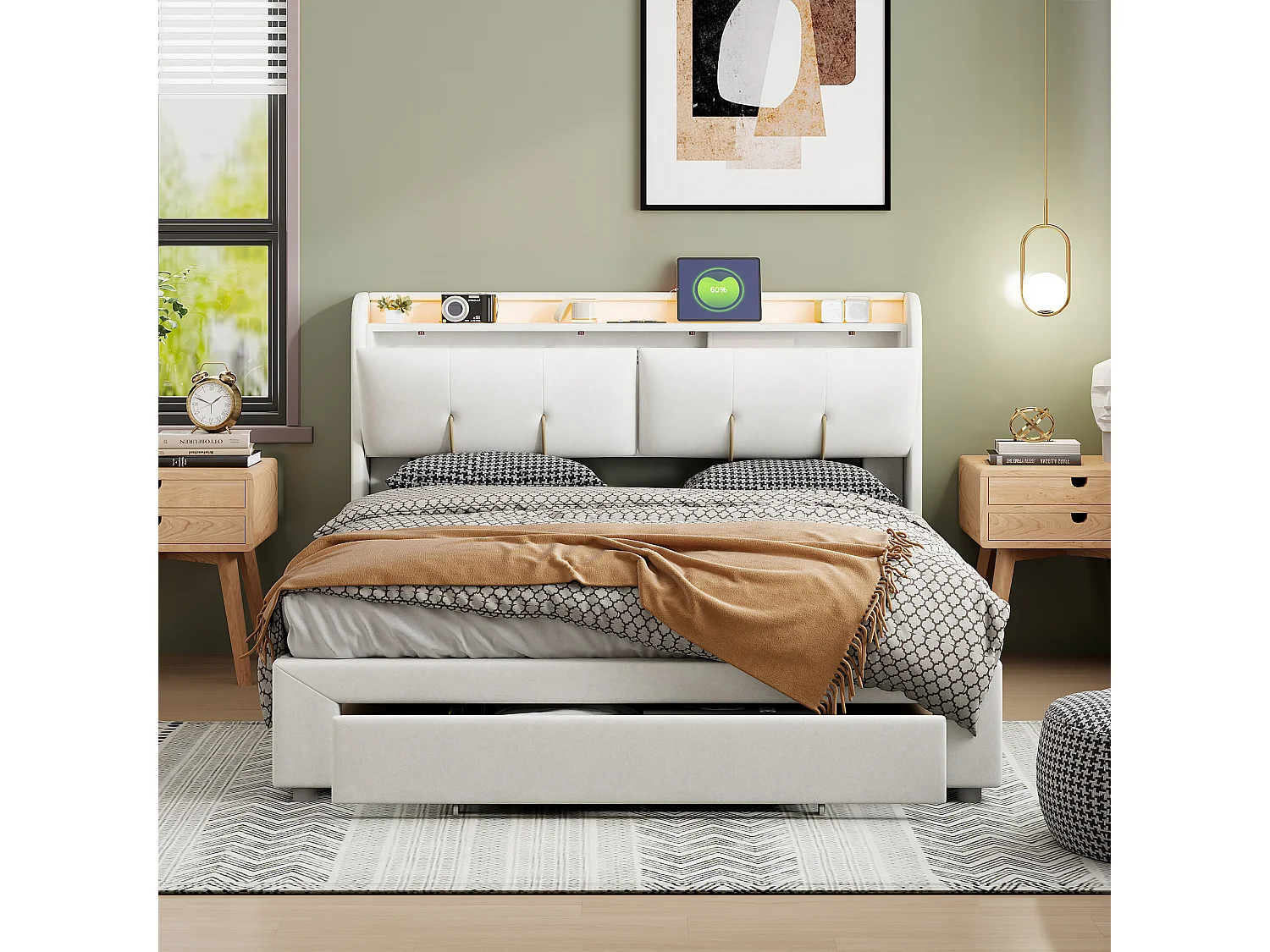 Łóżko dla Dorosłych 160x200 cm z Pojemnikiem, Podświetlane RGB LED Zagłowie i Portem USB - Beżowy Aksamit, MDF, Bez Materaca