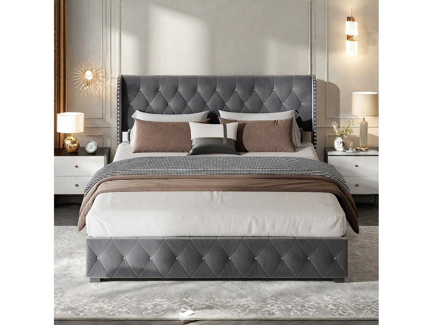 lit coffre 160x200 cm,lit160x200 avec sommier,lit adulte,lit double capitonné avec levier hydraulique,velours