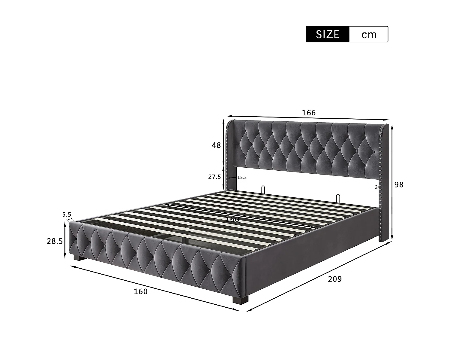 lit coffre 160x200 cm,lit160x200 avec sommier,lit adulte,lit double capitonné avec levier hydraulique,velours