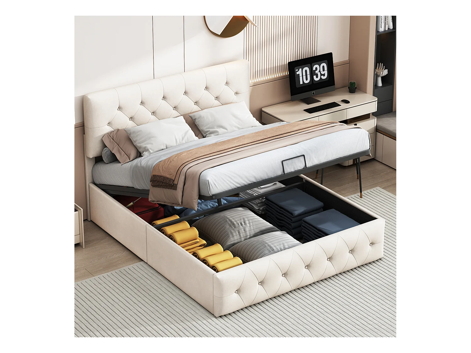 Lit Adulte 140x200 cm Lit Coffre 2 personnes en velours, Lit hydraulique avec tête de lit, Sommier, Beige