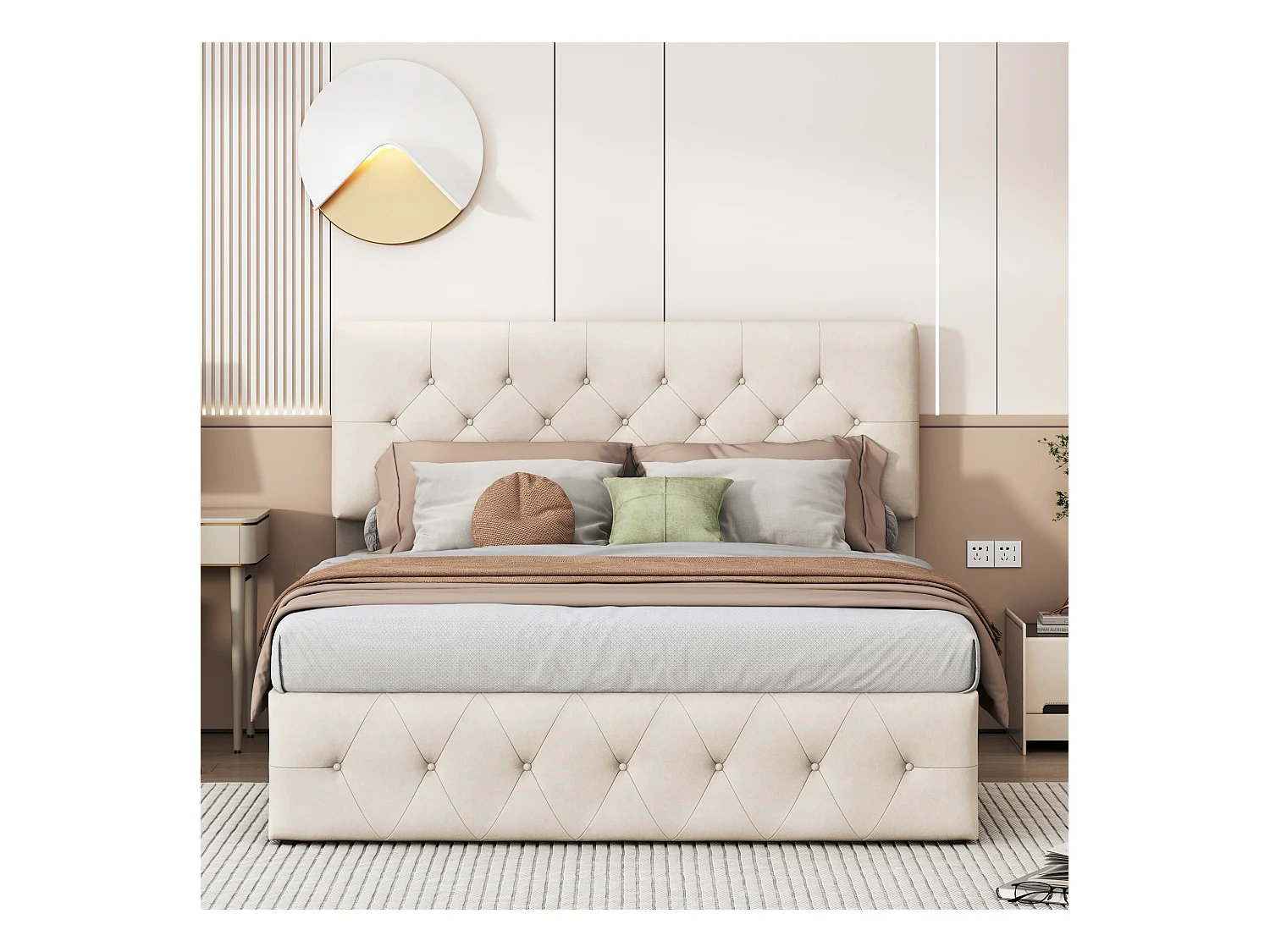 Lit Adulte 140x200 cm Lit Coffre 2 personnes en velours, Lit hydraulique avec tête de lit, Sommier, Beige