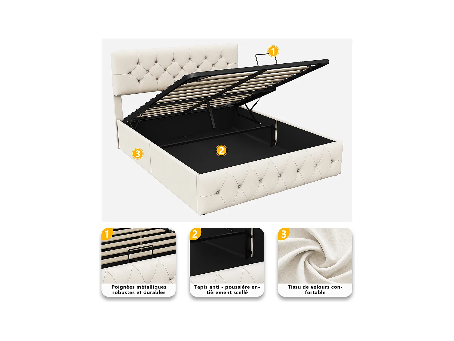 Lit Adulte 140x200 cm Lit Coffre 2 personnes en velours, Lit hydraulique avec tête de lit, Sommier, Beige