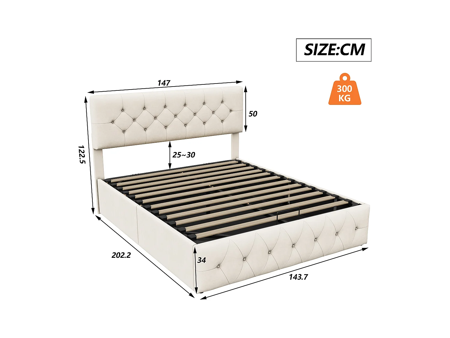 Lit Adulte 140x200 cm Lit Coffre 2 personnes en velours, Lit hydraulique avec tête de lit, Sommier, Beige