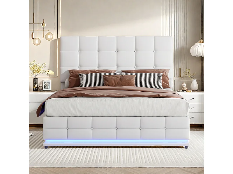 Lit adulte 140x200 cm avec coffre de rangement, Lit coffre 140x200 cm avec LED, Tête de lit réglable, Blanc