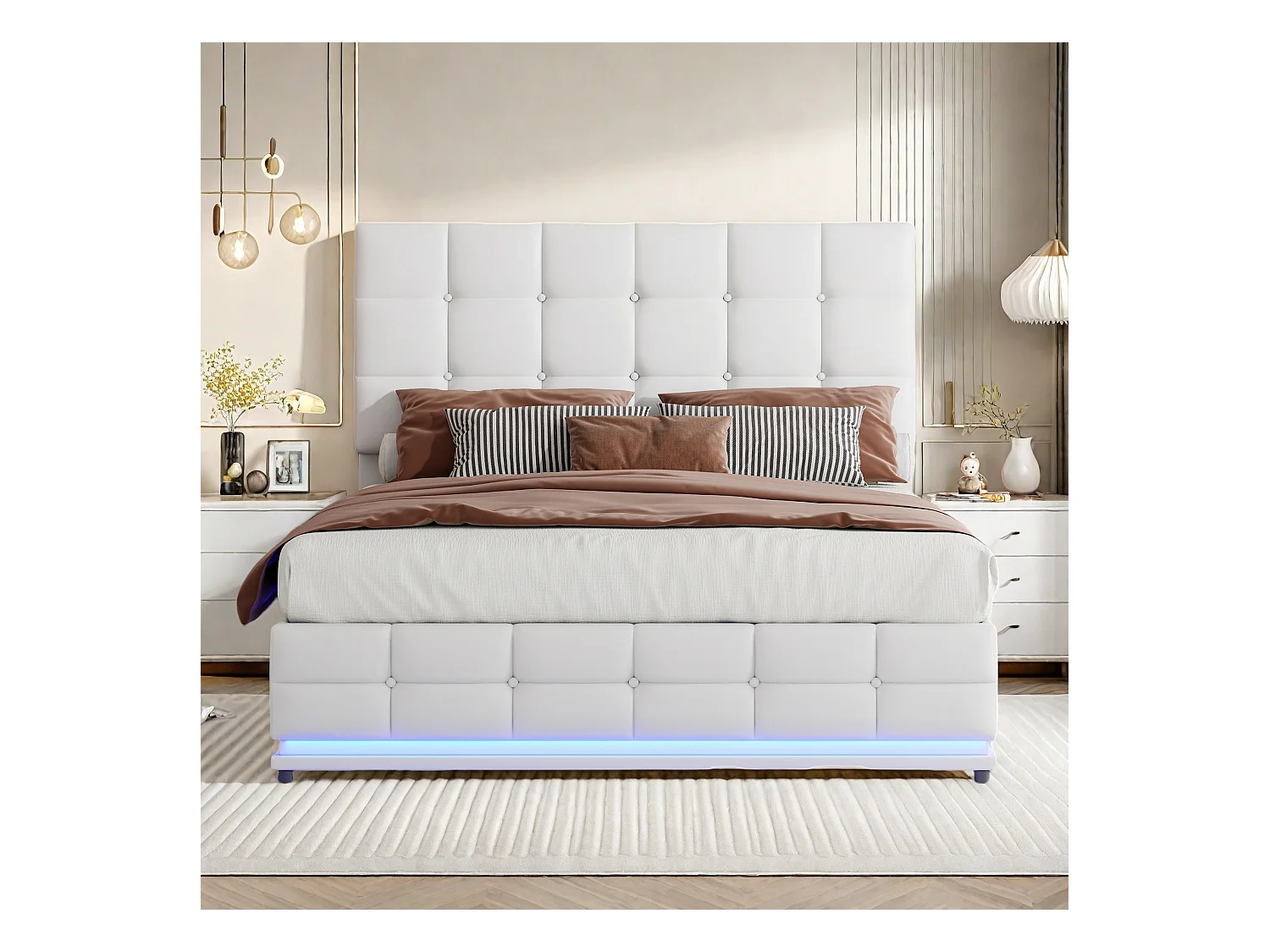 Lit adulte 140x200 cm avec coffre de rangement, Lit coffre 140x200 cm avec LED, Tête de lit réglable, Blanc