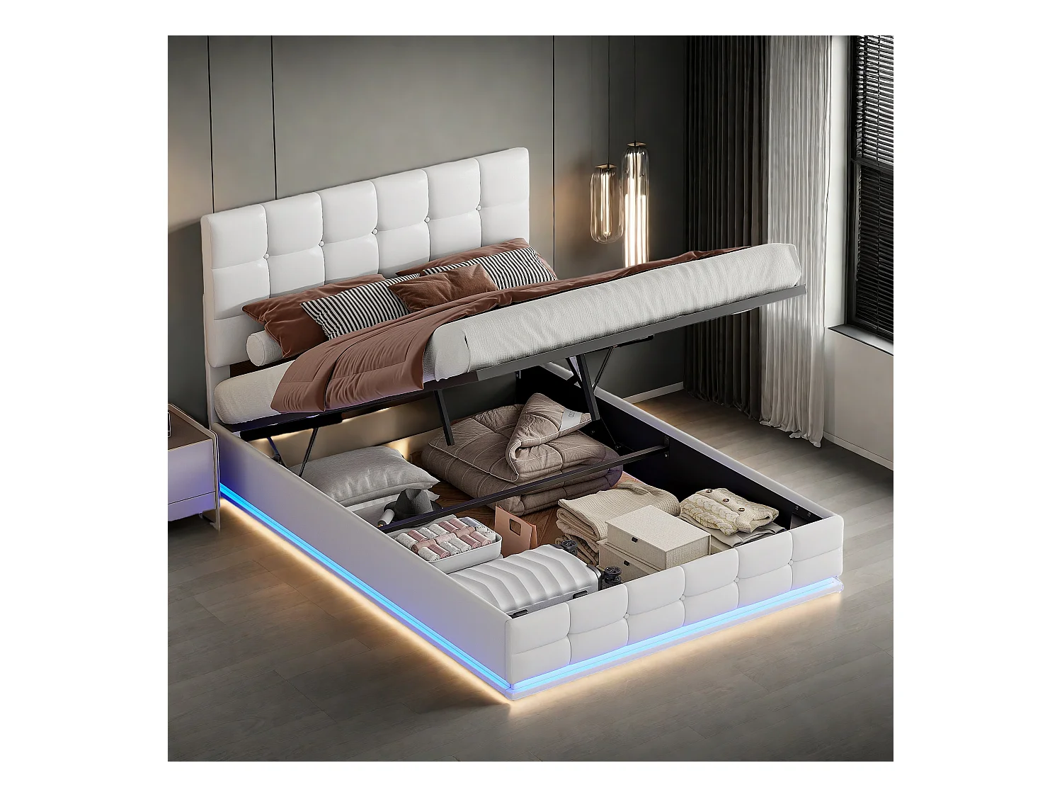 Lit adulte 140x200 cm avec coffre de rangement, Lit coffre 140x200 cm avec LED, Tête de lit réglable, Blanc