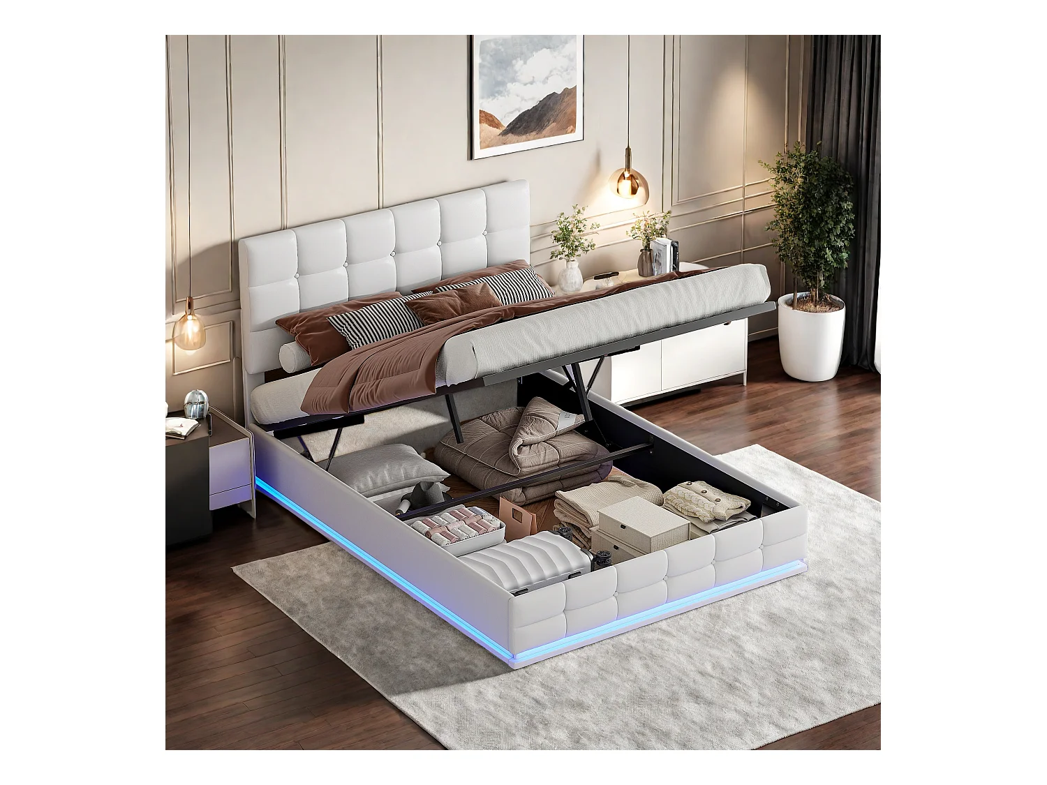 Lit adulte 140x200 cm avec coffre de rangement, Lit coffre 140x200 cm avec LED, Tête de lit réglable, Blanc