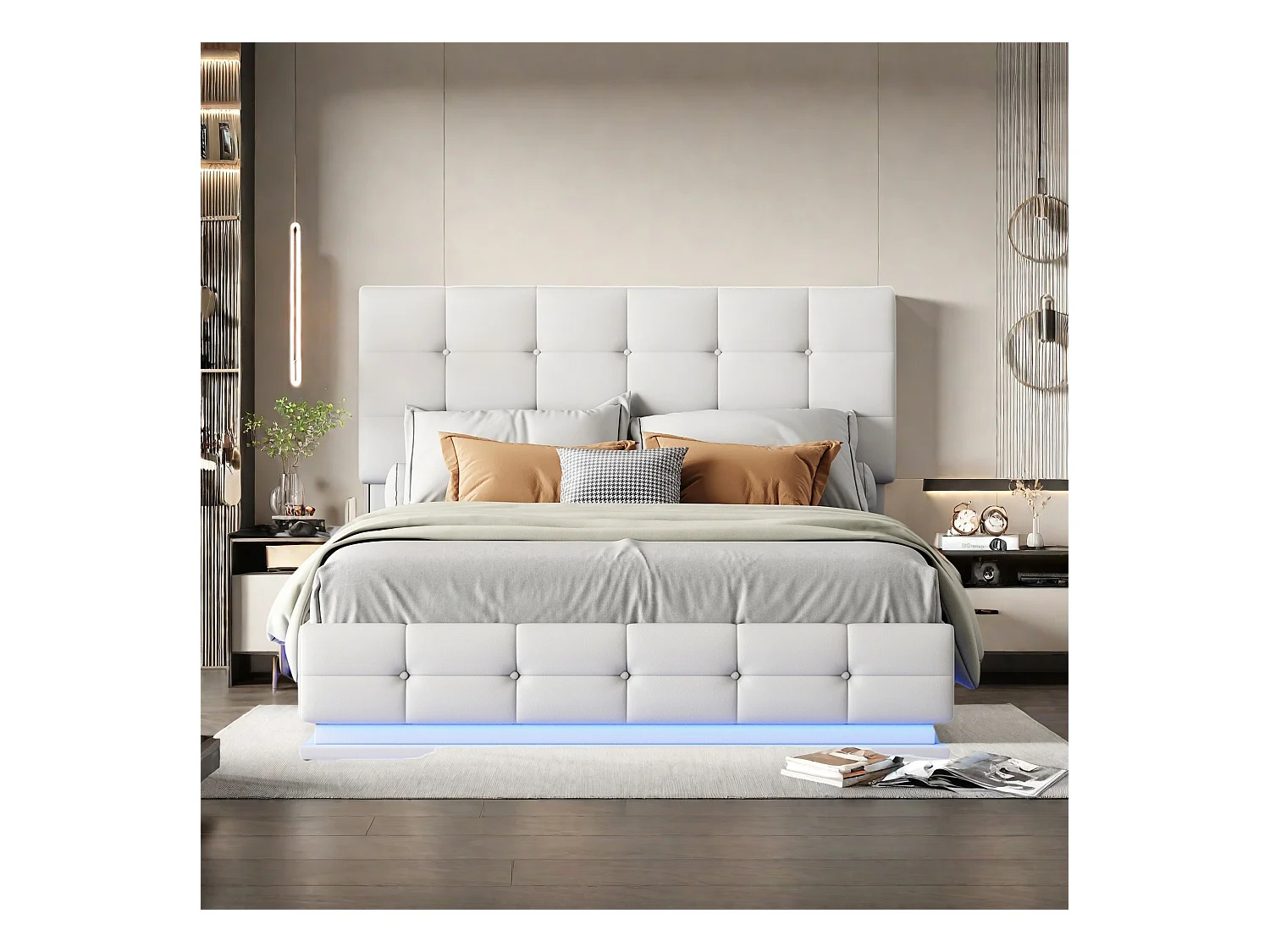 Lit adulte 140x200 cm avec coffre de rangement, Lit coffre 140x200 cm avec LED, Tête de lit réglable, Blanc