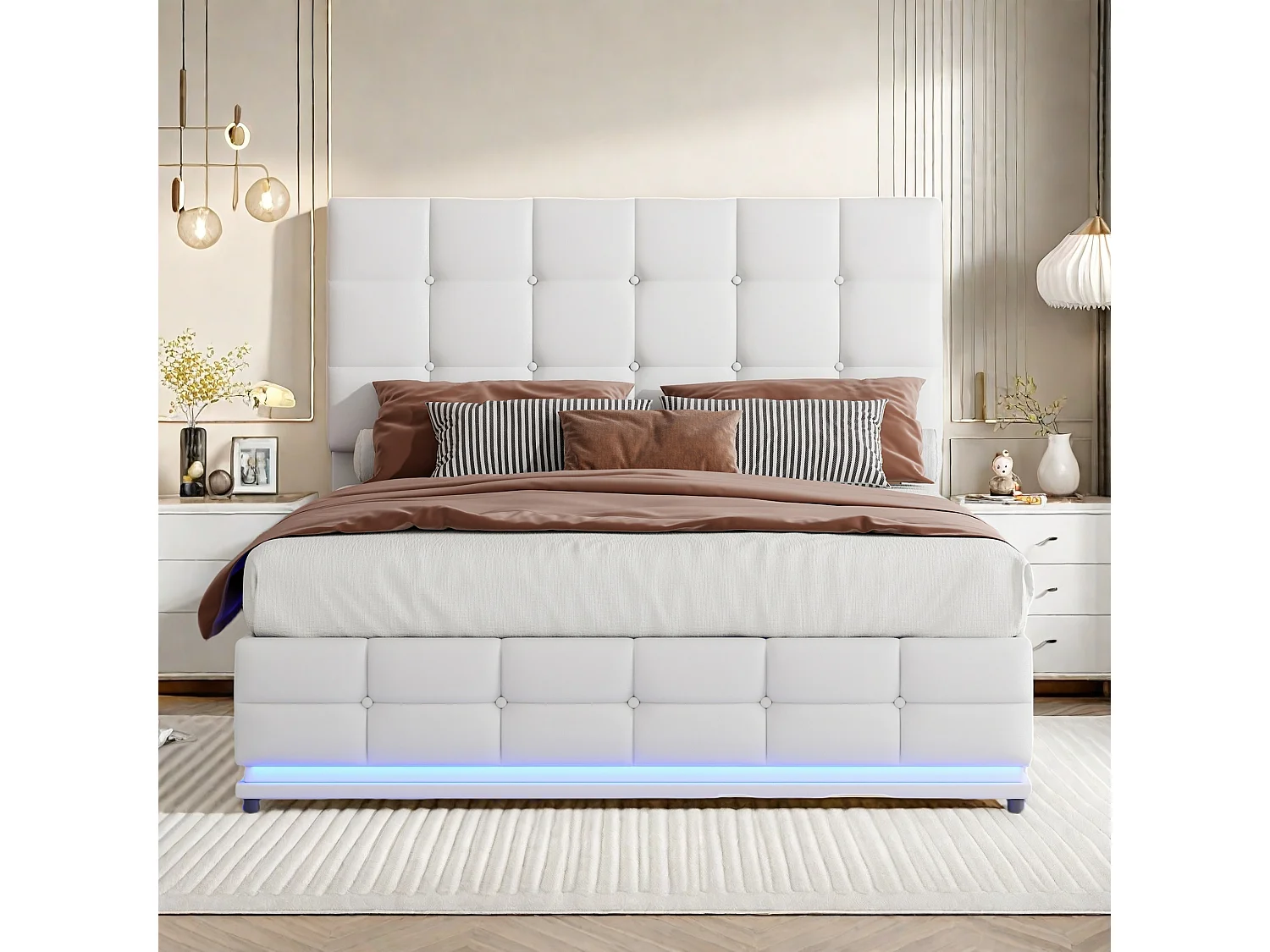 Lit adulte 140x200 cm avec coffre de rangement, Lit coffre 140x200 cm avec LED, Tête de lit réglable, Blanc