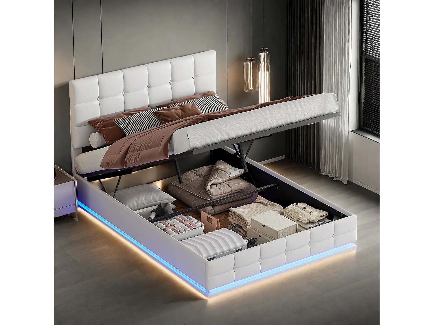 Lit adulte 140x200 cm avec coffre de rangement, Lit coffre 140x200 cm avec LED, Tête de lit réglable, Blanc