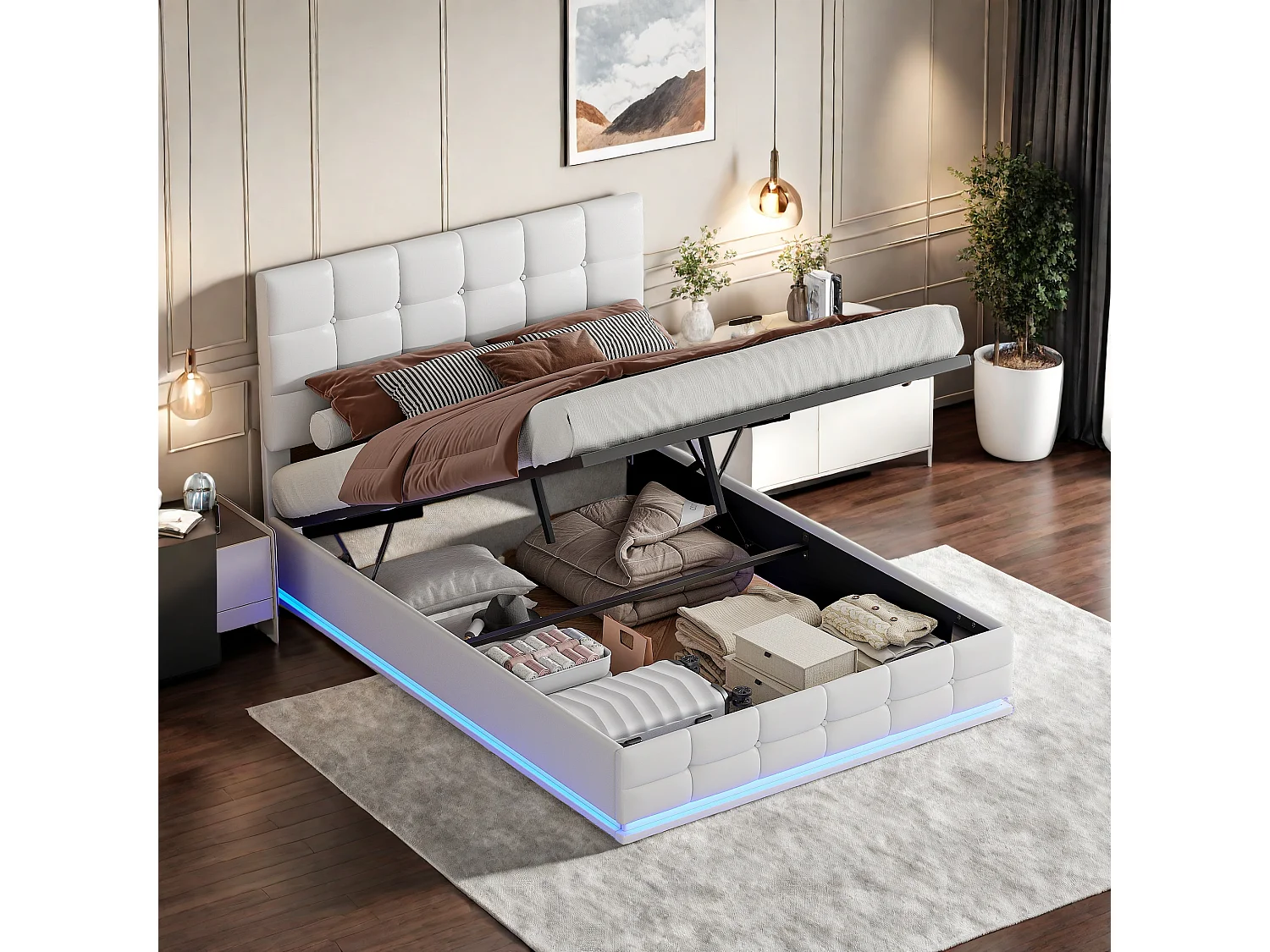 Lit adulte 140x200 cm avec coffre de rangement, Lit coffre 140x200 cm avec LED, Tête de lit réglable, Blanc