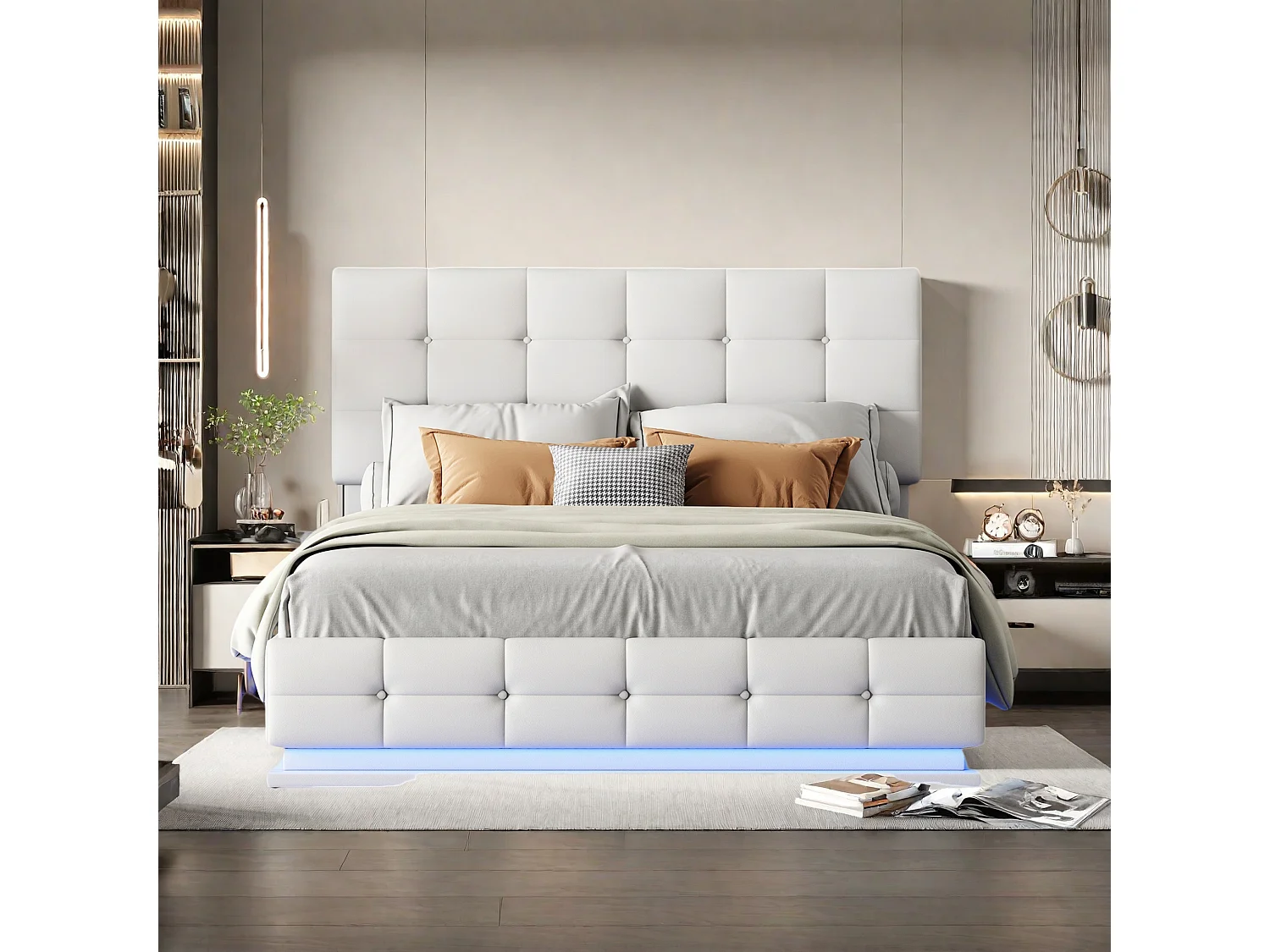 Lit adulte 140x200 cm avec coffre de rangement, Lit coffre 140x200 cm avec LED, Tête de lit réglable, Blanc