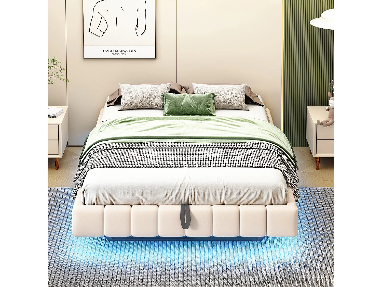 Lit coffre 160x200cm avec sommier et éclairage LED, Lit suspendu avec hydraulique rangement, Sans tête de lit