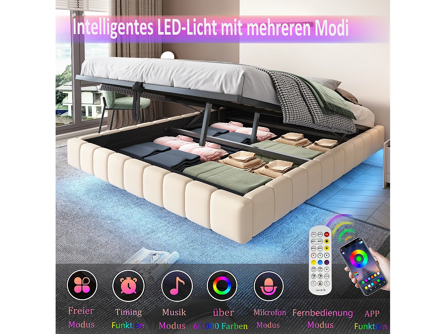 Lit coffre 160x200cm avec sommier et éclairage LED, Lit suspendu avec hydraulique rangement, Sans tête de lit