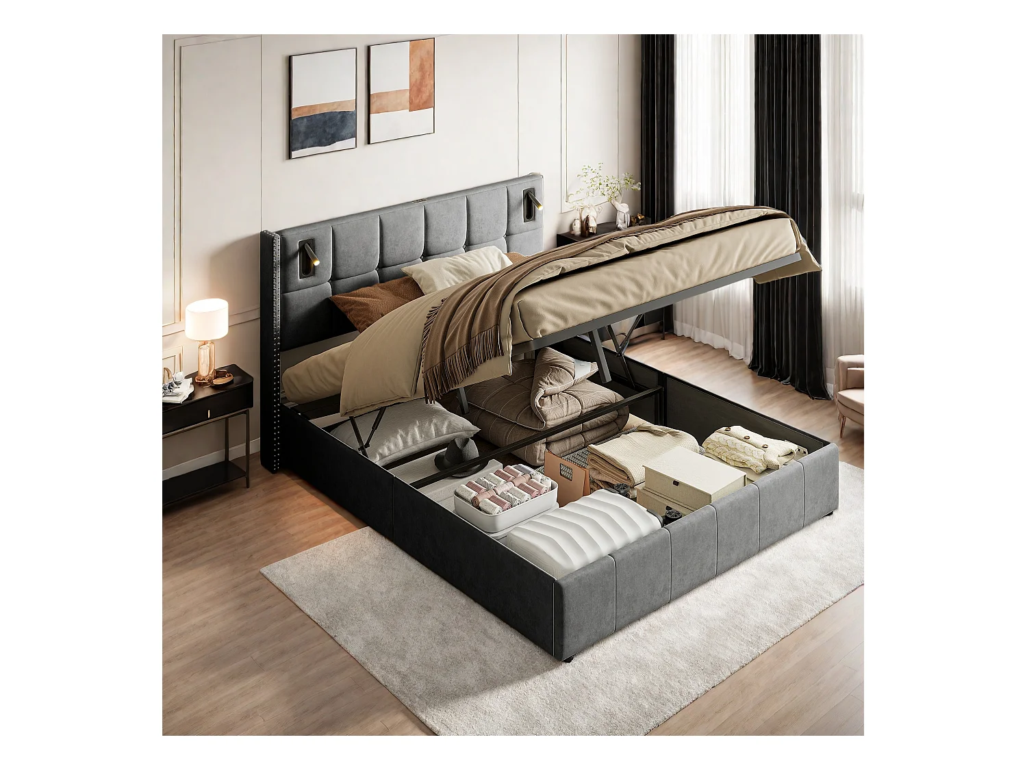 Lit Coffre 140x200 cm avec lampes de lecture, Lit double 140x200 cm avec sommier, Hydraulique rangement, Velours, Gris