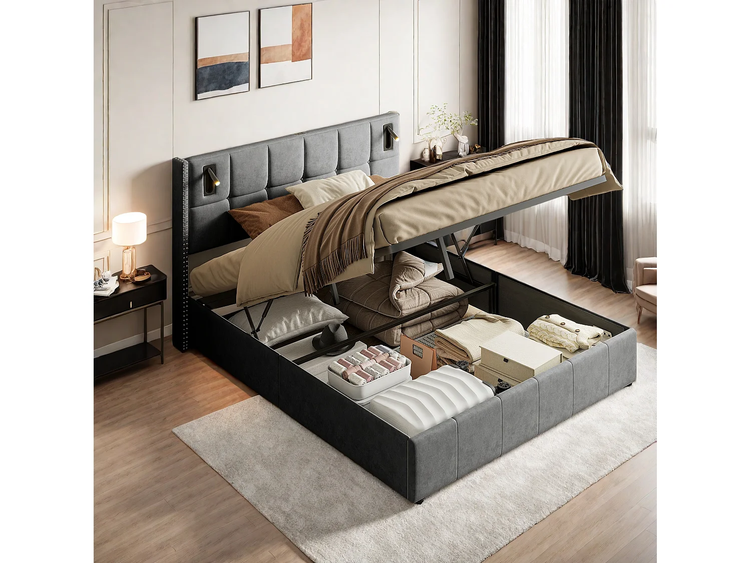 Cama doble con almacenamiento 140x200 cm con lámparas de lectura LED, terciopelo, gris, estilo escandinavo