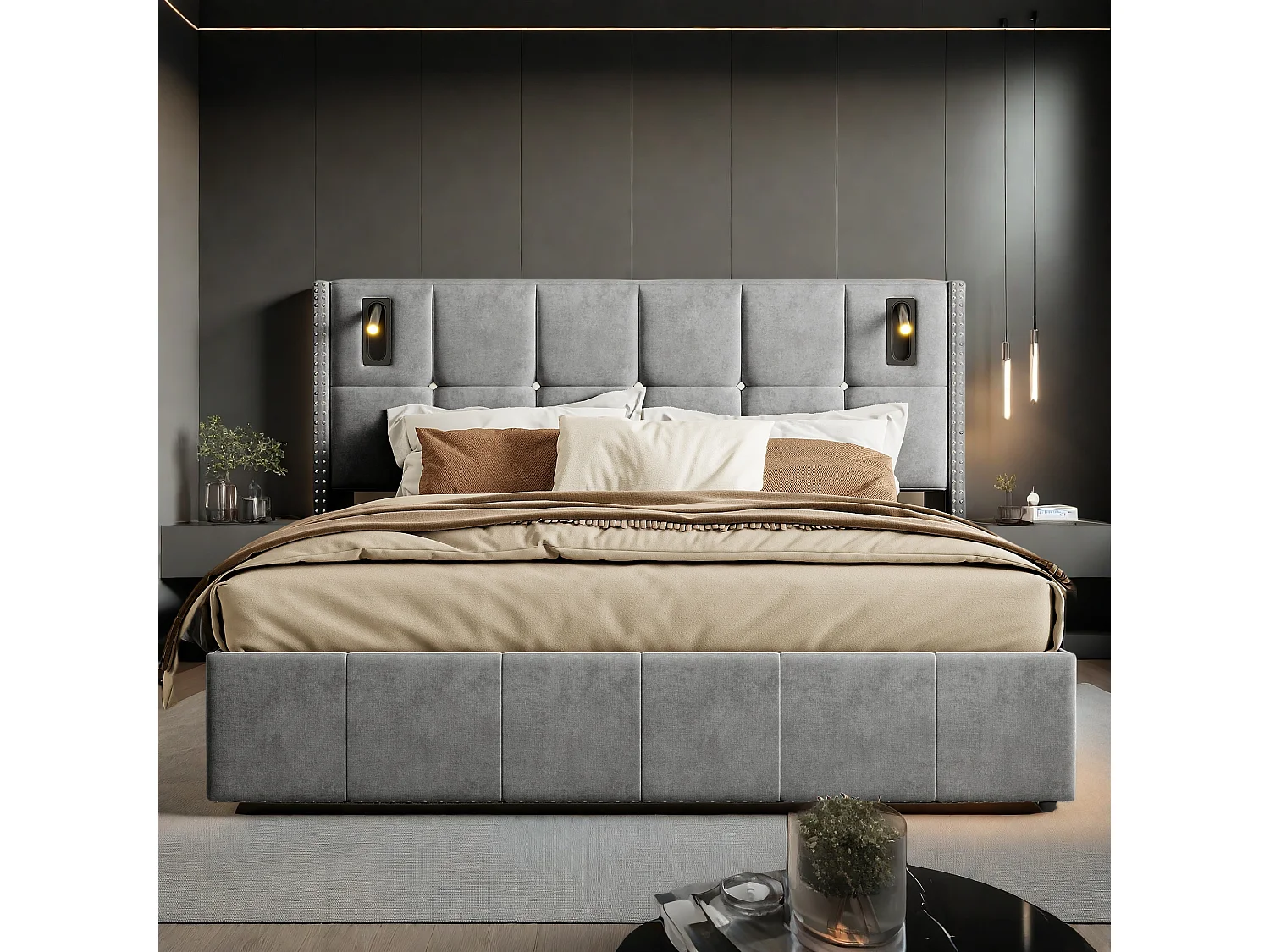 Cama doble con almacenamiento 140x200 cm con lámparas de lectura LED, terciopelo, gris, estilo escandinavo