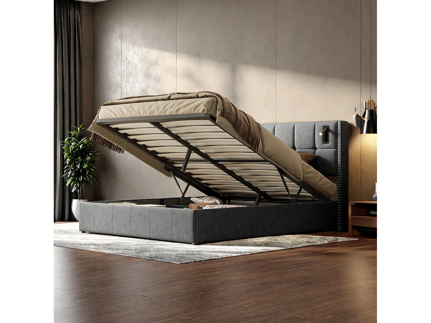 Cama doble con almacenamiento 140x200 cm con lámparas de lectura LED, terciopelo, gris, estilo escandinavo