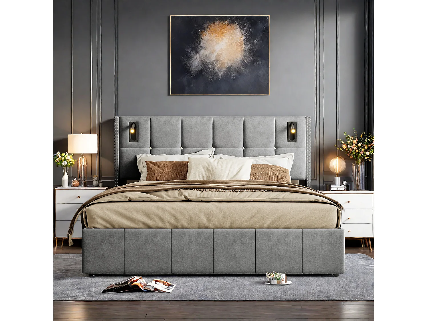 Cama doble con almacenamiento 140x200 cm con lámparas de lectura LED, terciopelo, gris, estilo escandinavo