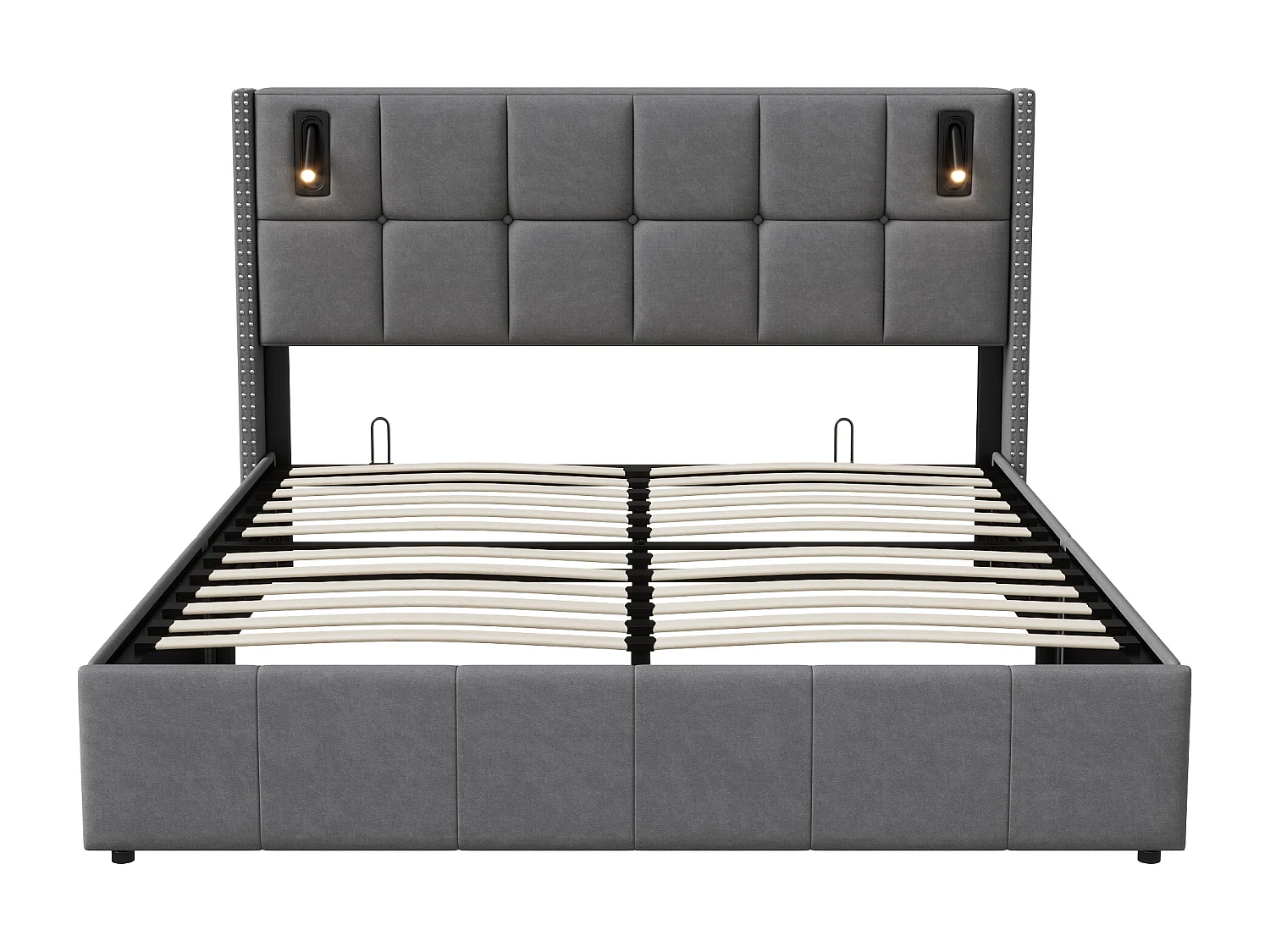 Cama doble con almacenamiento 140x200 cm con lámparas de lectura LED, terciopelo, gris, estilo escandinavo