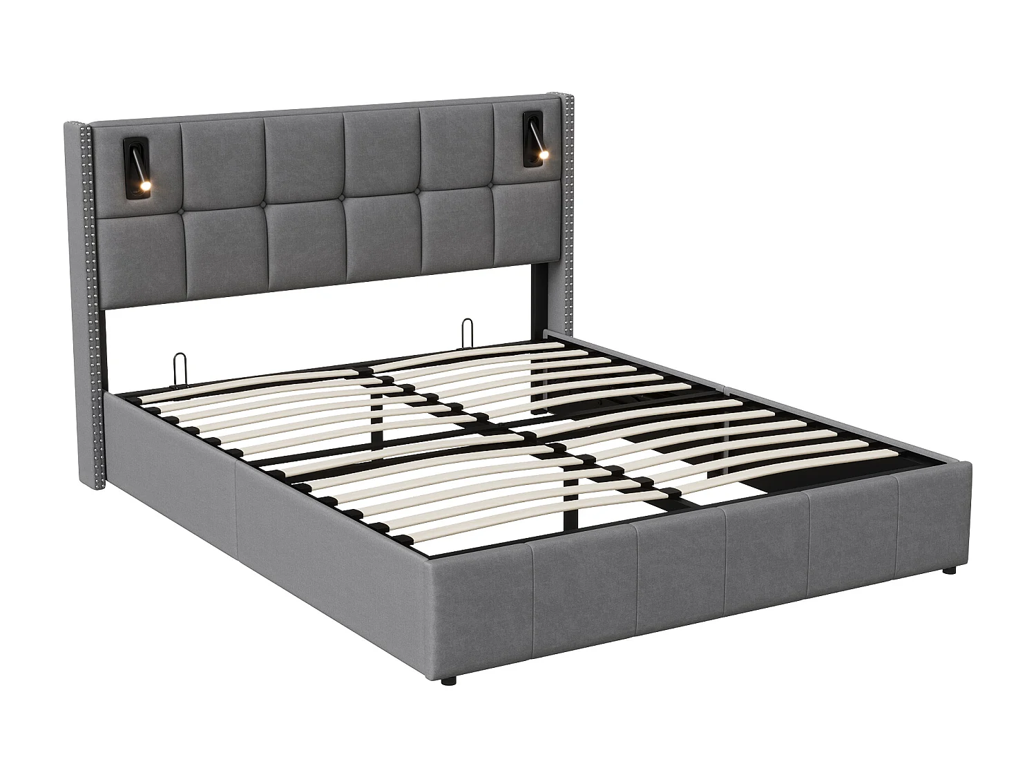 Cama doble con almacenamiento 140x200 cm con lámparas de lectura LED, terciopelo, gris, estilo escandinavo