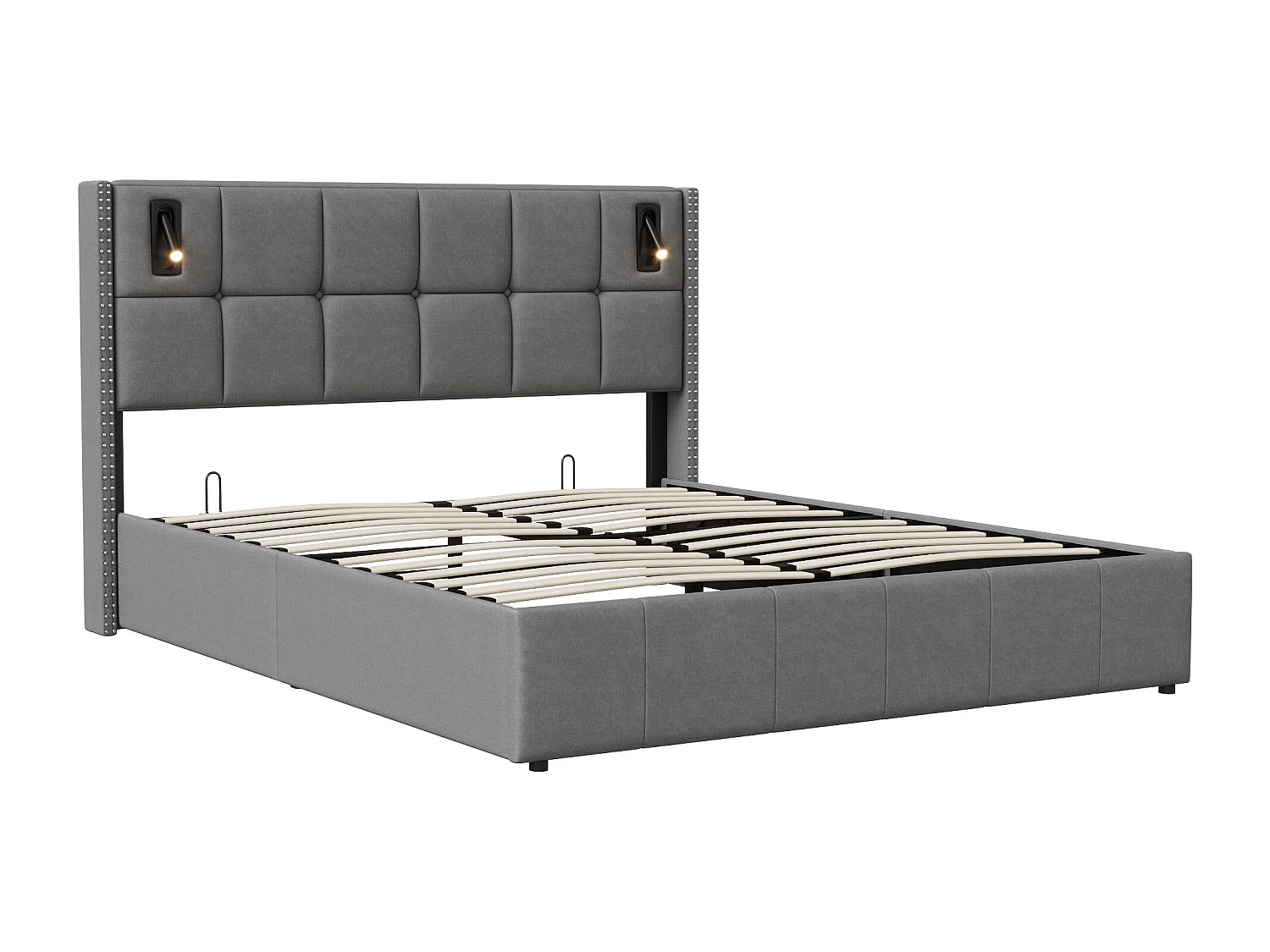 Cama doble con almacenamiento 140x200 cm con lámparas de lectura LED, terciopelo, gris, estilo escandinavo