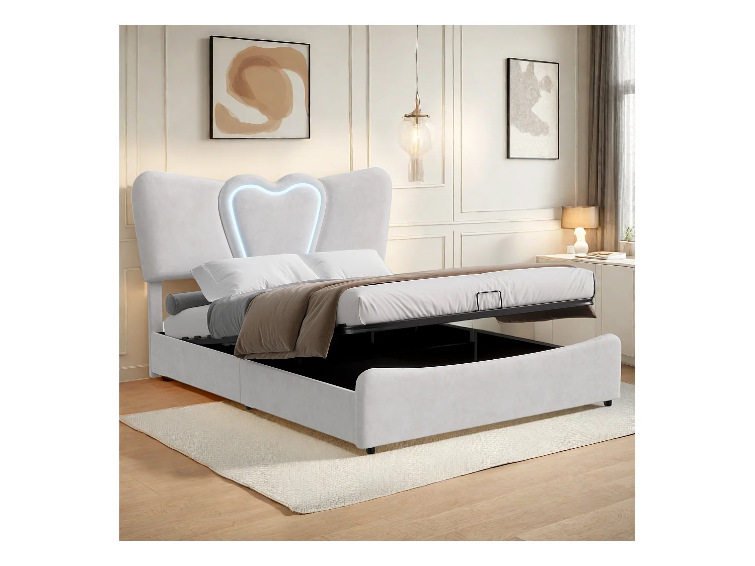 Lit coffre 160x200 cm, NMONET, 0F0420, LED, USB et Type C, tissu en velours, cadre de lit adulte 160x200cm, lit 160x200 cm, beige