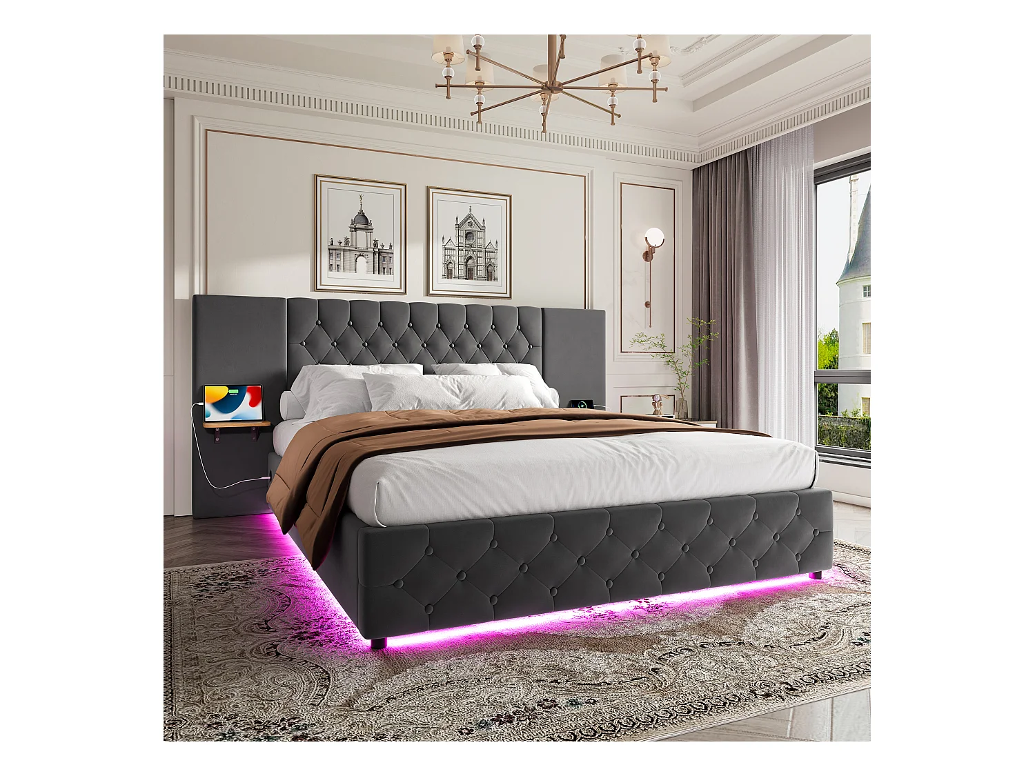 Lit 160x200 cm lumières LED et USB Lit Coffre Adulte avec tête de lit large et 2 etagère coffre de rangement