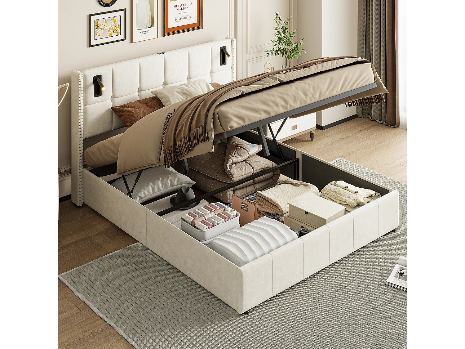 Luxe Beige Velvet Opbergbed 160x200 cm met Koperen Spijkerdecoratie & Ingebouwde Leeslamp